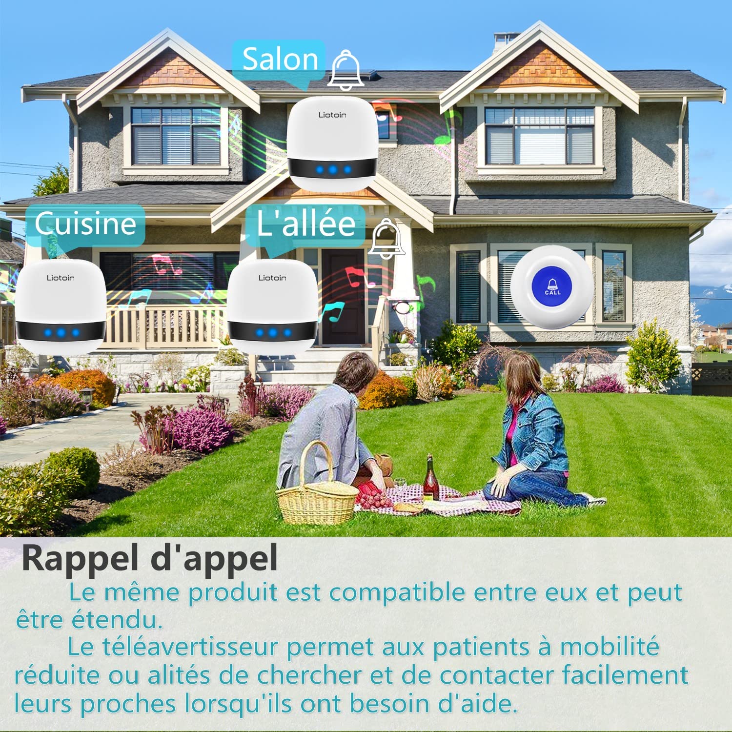 Bouton d’Appel Téléavertisseur sans Fil Système d’Alarme d’Urgence pour Maison Personne Âgée Malade Handicapé 3 Émetteurs 3 Récepteurs, Plage de Fonctionnement 600+ Pieds …