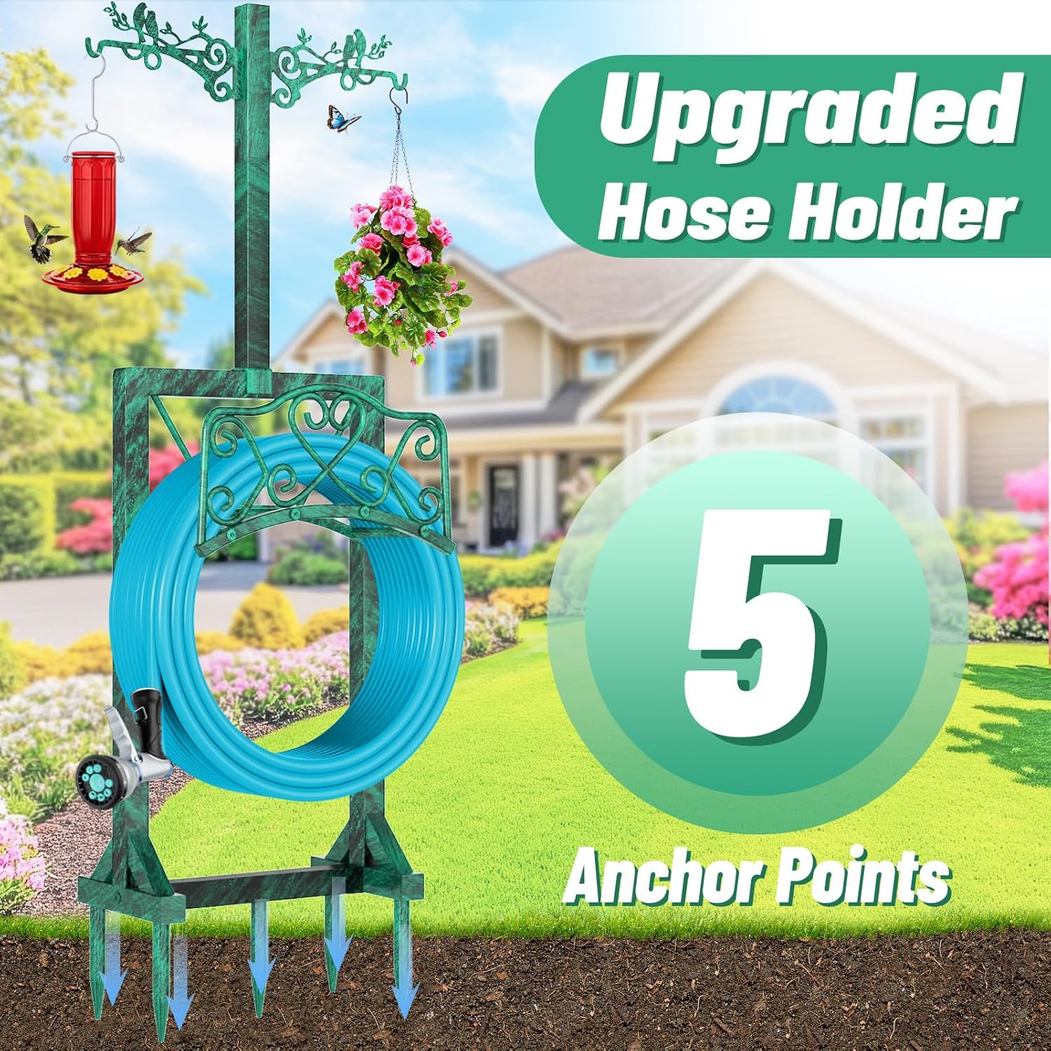 Garden Hose Holder for Outside, Upgraded Water Hose Holders with 2 Shepherds Hooks,Freestanding Heavy Duty Hose Stand Hose Hanger Hose Storage Hose Reel Rack for Yard Lawn Farm(Antique Green)