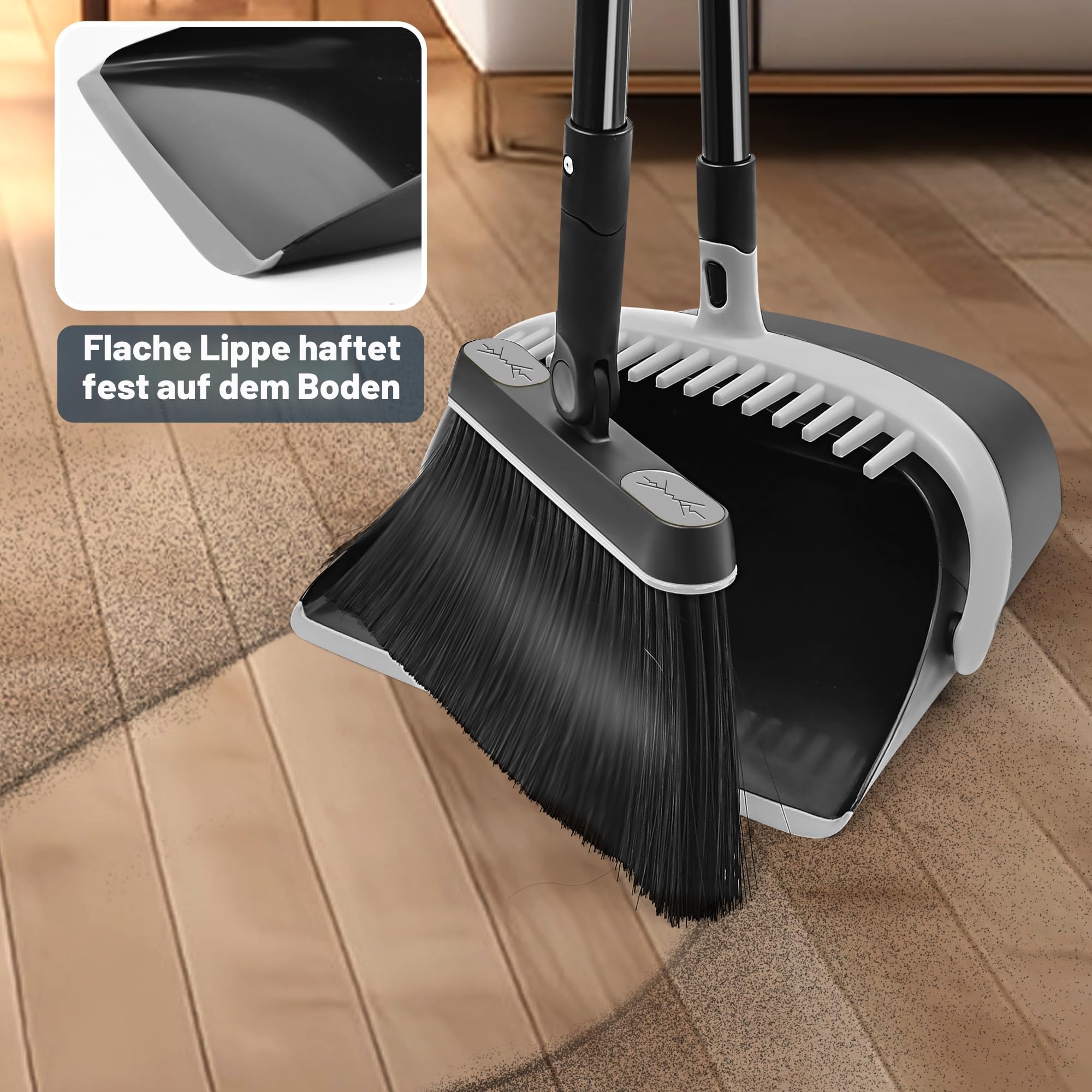 JEHONN Besen und Kehrschaufel Set mit Langem Stiel 138 cm, 180 Grad Drehbar Camping Kehrbesen Innen und Schaufel für Vorzelt, Haus, Büro, Lobby, Terrasse (Schwarz & Grau)