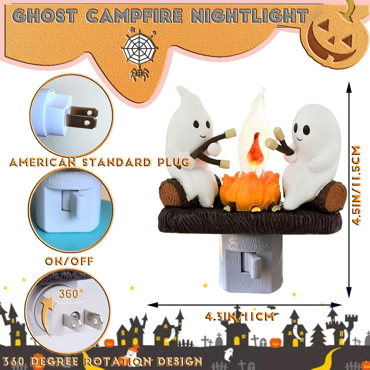 New Halloween Ghost Campfire Nightlight, Plug-in LED Decorative Lamp with Cute Ghosts and Campfire, Festive Holiday Decoration for Bedroom, Hallway, Bathroom, Kids Room