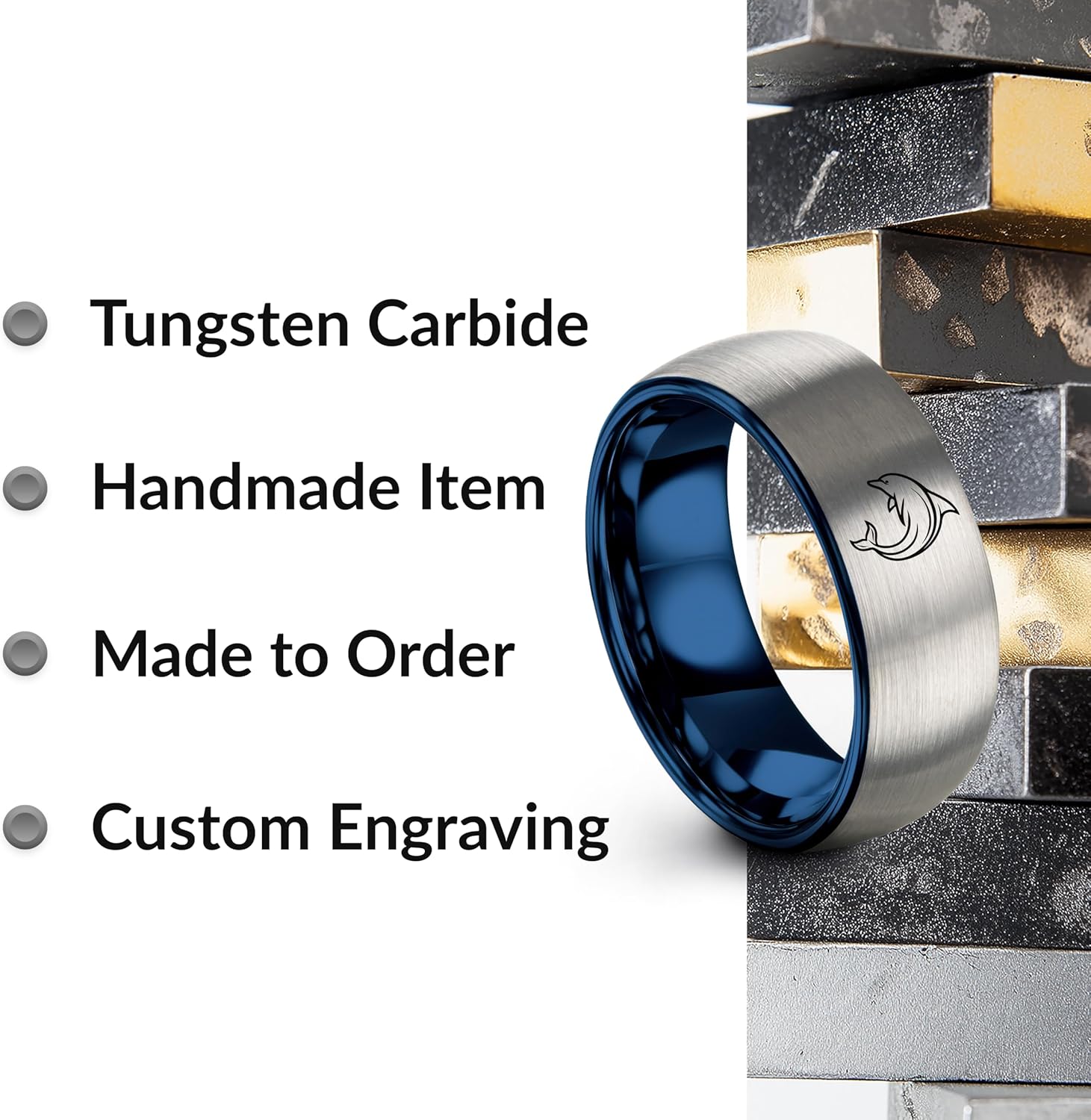 Dolphin Ring - Gift for Ocean Fan - Men Women - 8mm - Flat Dome Bevel - Brushed Polished - Band - Anniversary Wedding - Blue Gunmetal Silver - Personalized Custom Engraving - Tungsten Carbide