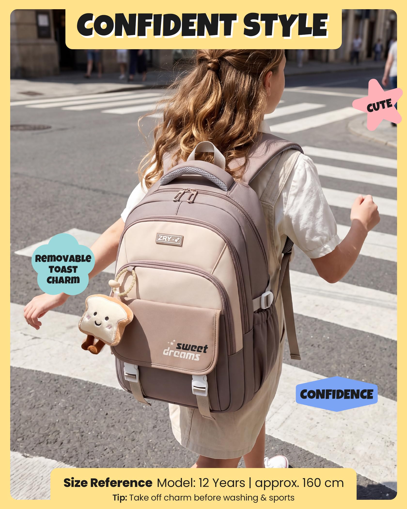 Amythe Schulrucksack Teenager 36L für Mädchen ab 5. Klasse, Großer Rucksack mit Trolleyband, Braun