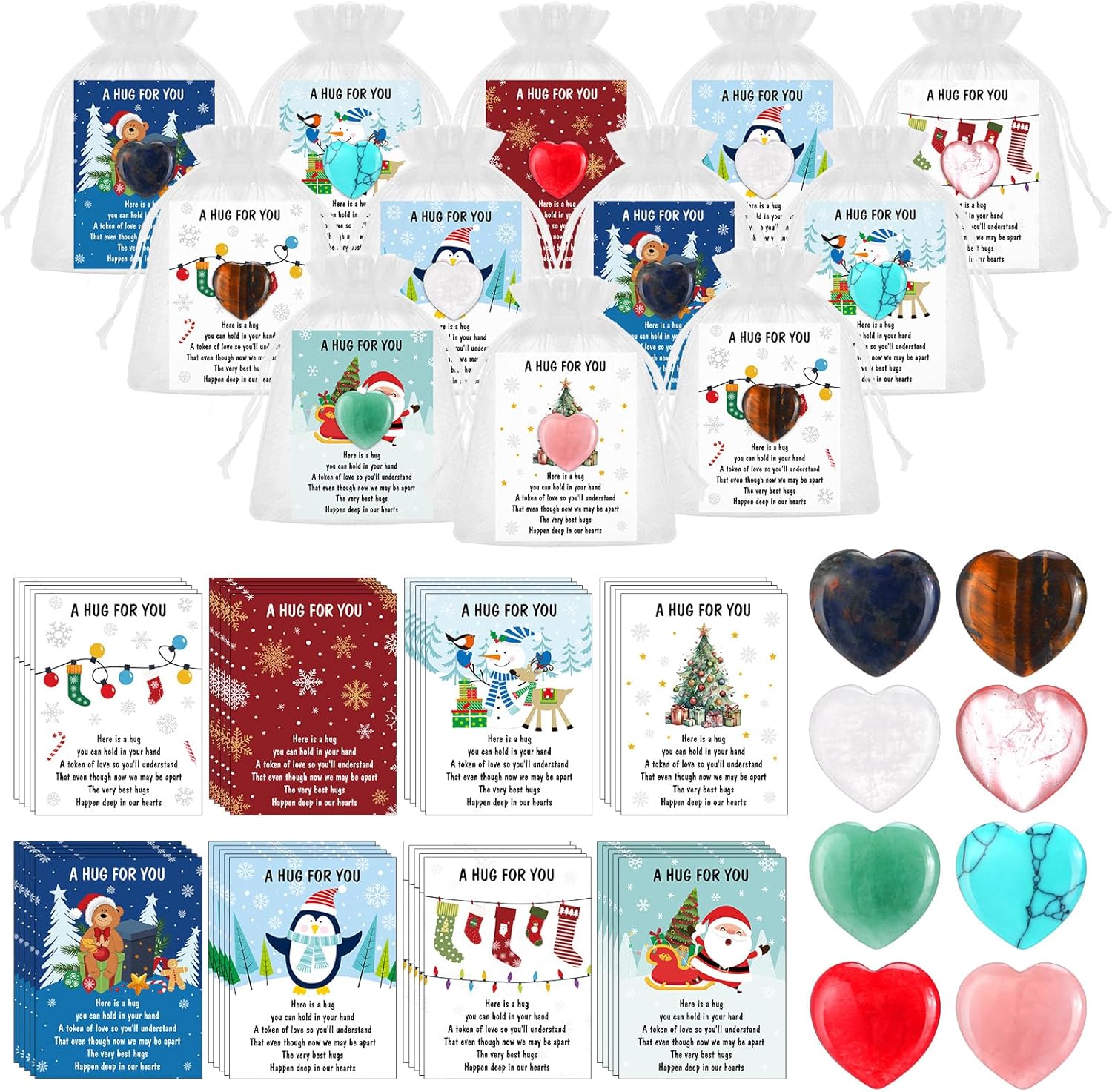 Nuanchu 40 Set Christmas Pocket Hug Token Gift Bulk Christmas Hug Cards with Heart Shape Natural Stones and Organza Bags Xmas Gift Sets for Coworkers Students Classroom Holiday Party Favor