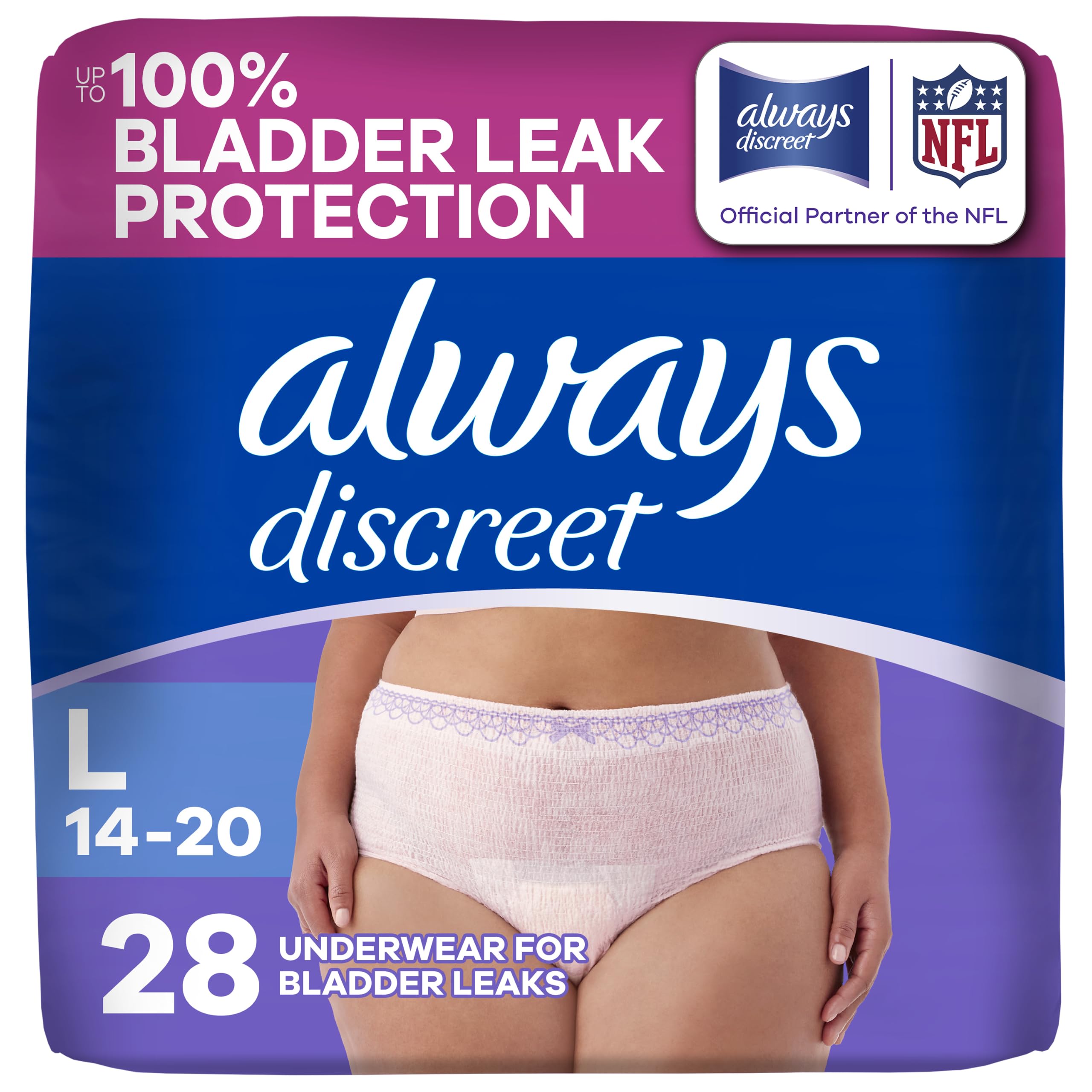 Adult Diapers for Women, Maximum Absorbency Incontinence and Postpartum Underwear Size L, Up to 100% Leak Free Bladder Leak Protection, 28 Count Large 28.0
