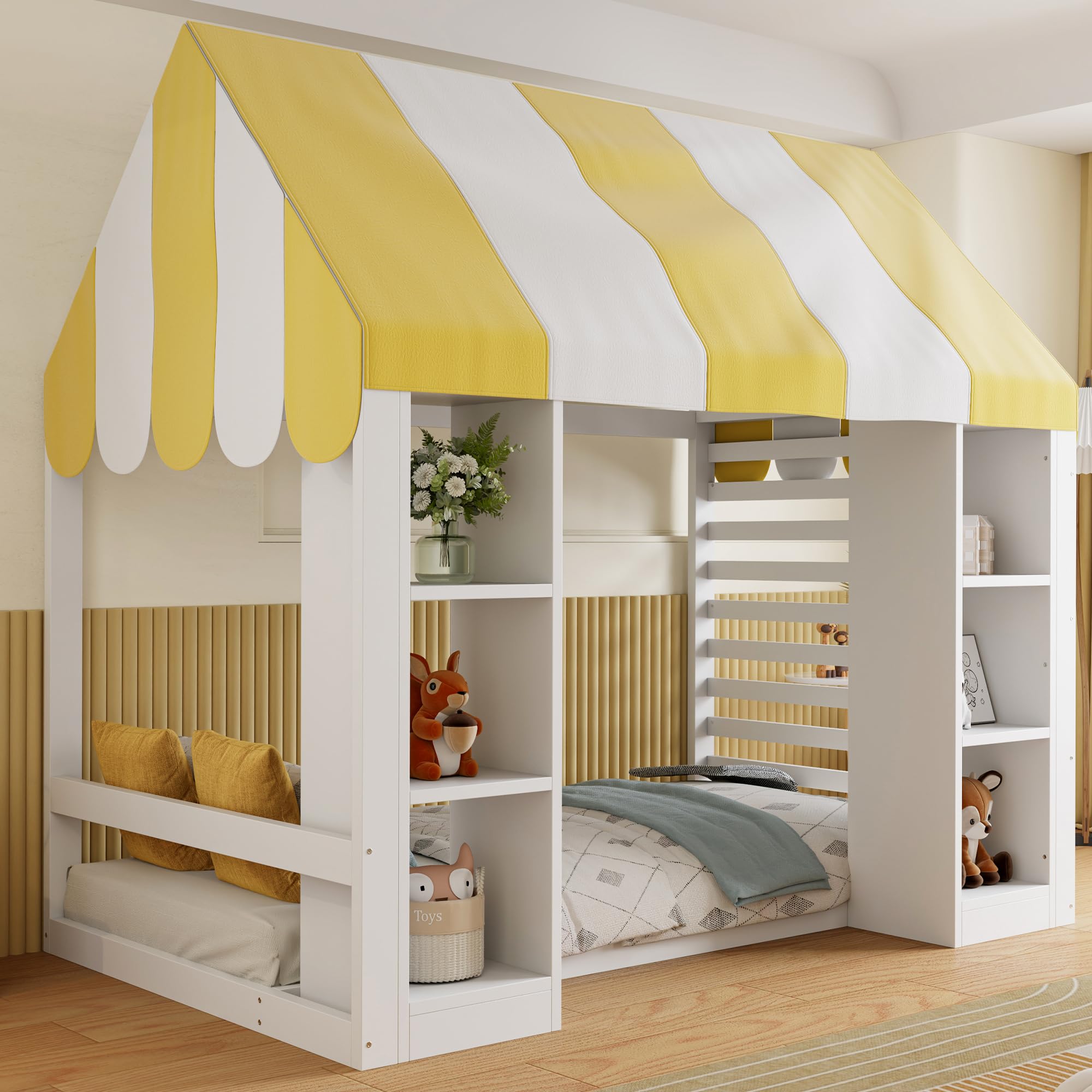 Kinderbett im Landhausstil, 90 x 200 cm, mit Himmelbett, offenem Stauraum vorne und Holzrahmen, weiß