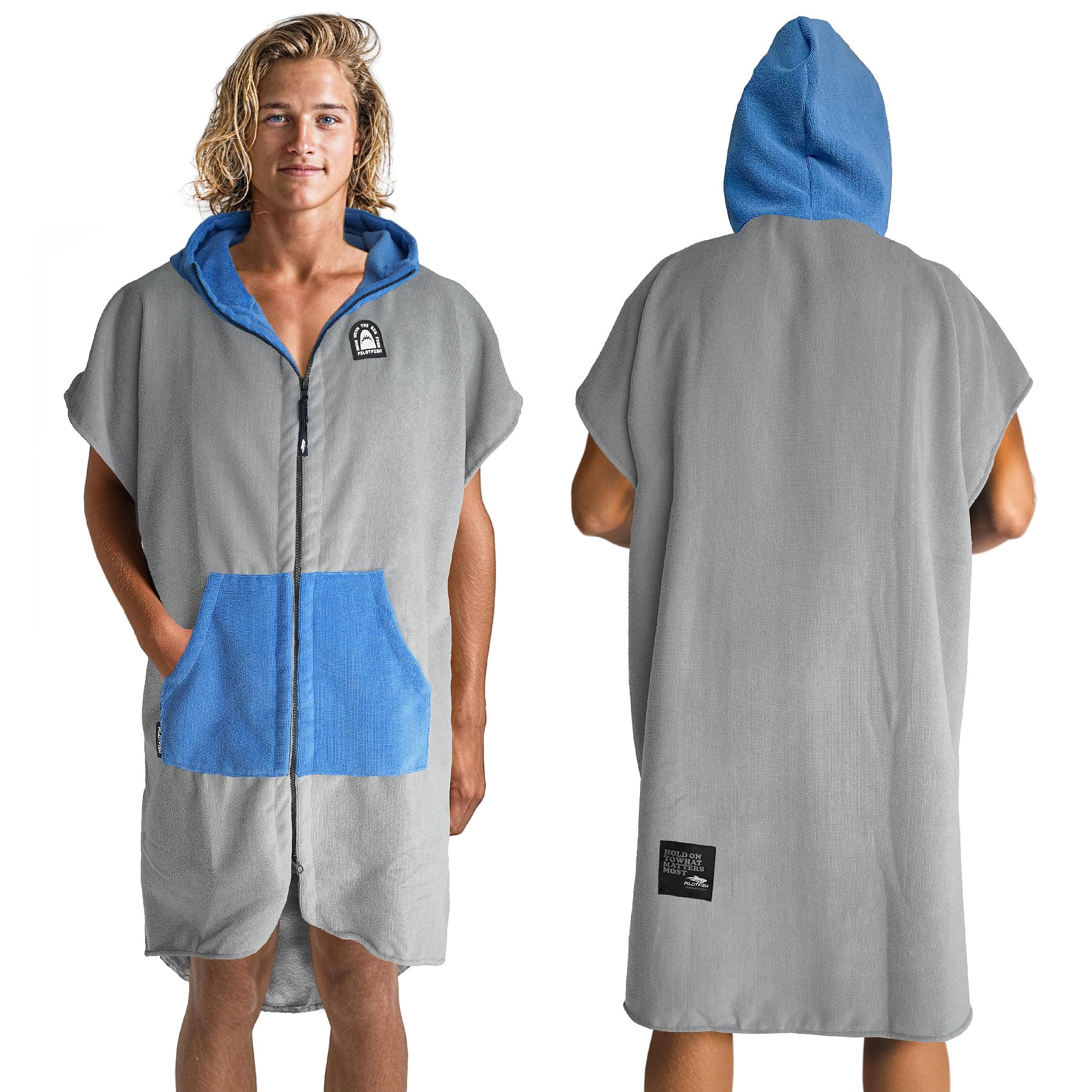 Sponsored Ad - Pilotfish Surf Poncho Changing Robe Towel - Hooded, Zippered Towel Poncho for Beach, Surfing, Swimming | 2 Front Pockets, Machine Washable, (Gray/Blue, Large)