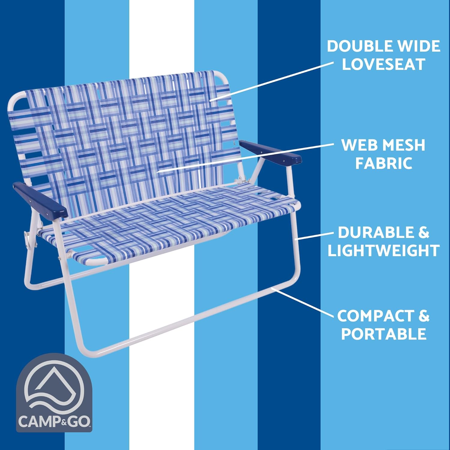 Camp & GO 16" Extended Height Folding Double Wide Web Lawn Chair Loveseat, Blue/White