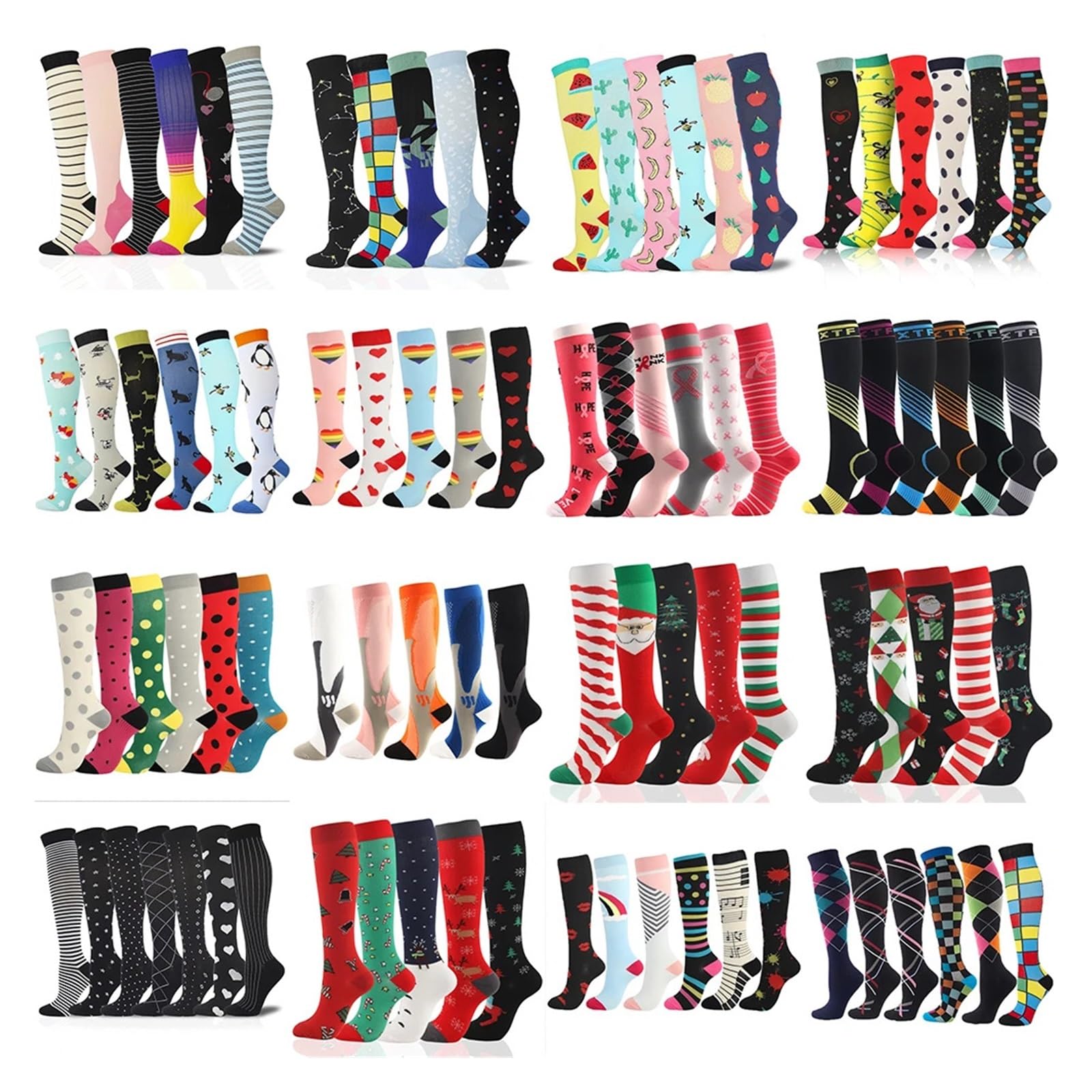 6 pares de calcetines de compresión estampados divertidos para venas varicosas, atléticos, médicos, enfermeras, correr, vuelos, viajes, calcetines para hombres y mujeres, Zh108, L