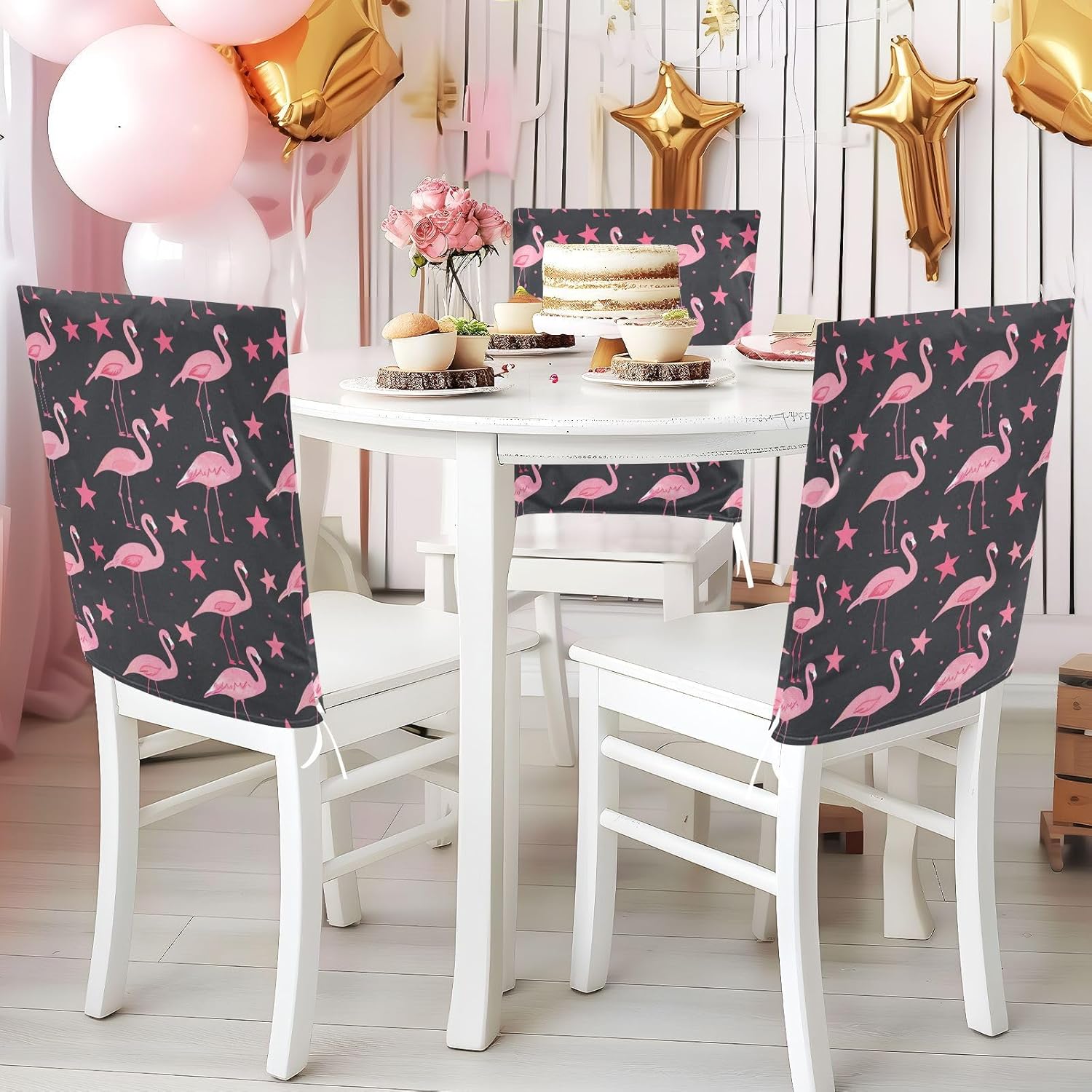 ALAZA Flamingo Stars Chair Back Cover Set of 6, Washable Reusable Removable Chair Slipcovers Decorative Chair Cover for Home Kitchen Wedding Party