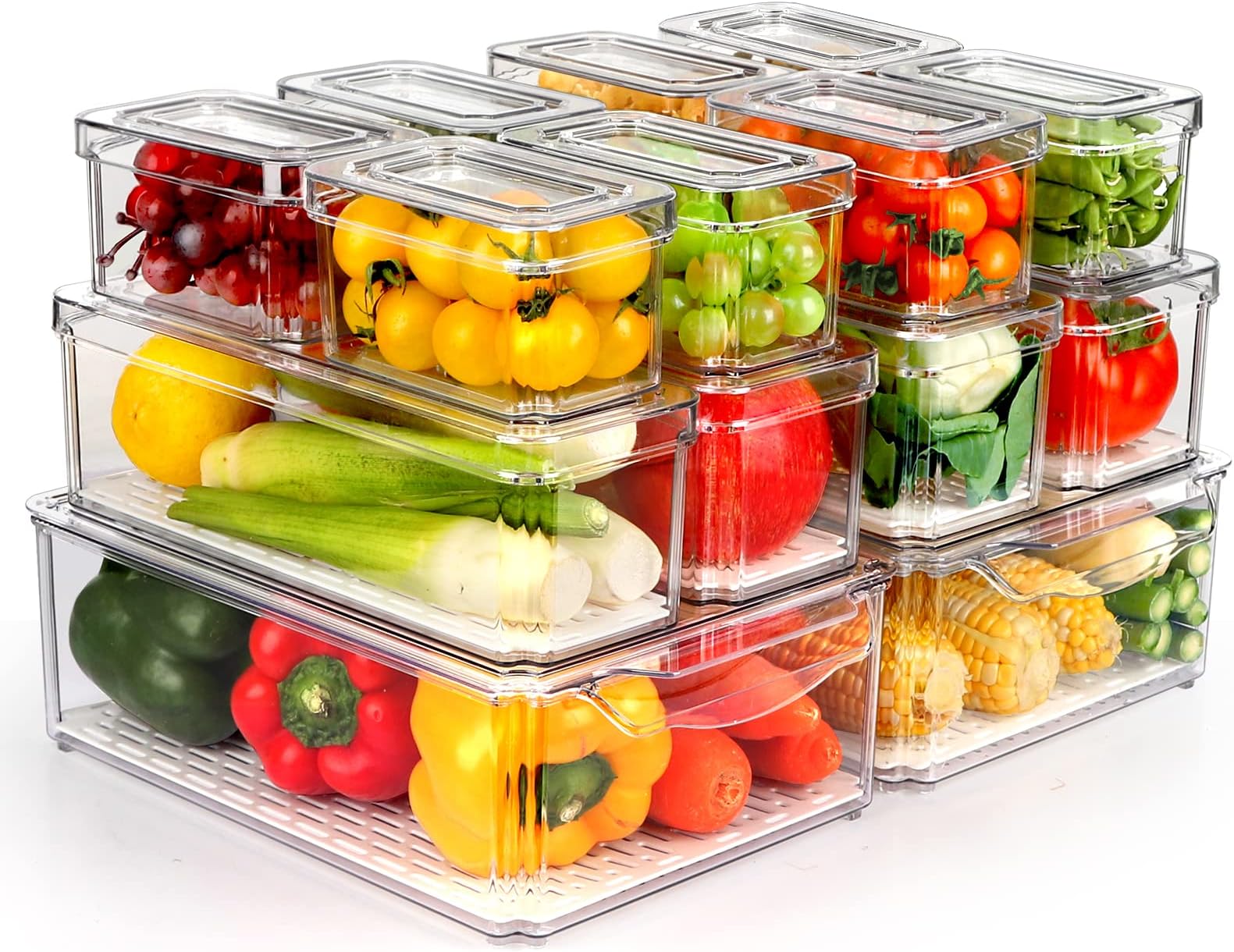 14 Pack Stackable Refrigerator Organizer Bins with Lids, BPA Free Refrigerator Organizer Storage Containers for Fruits, Vegetables, Food, Beverages, Cereals, Clear