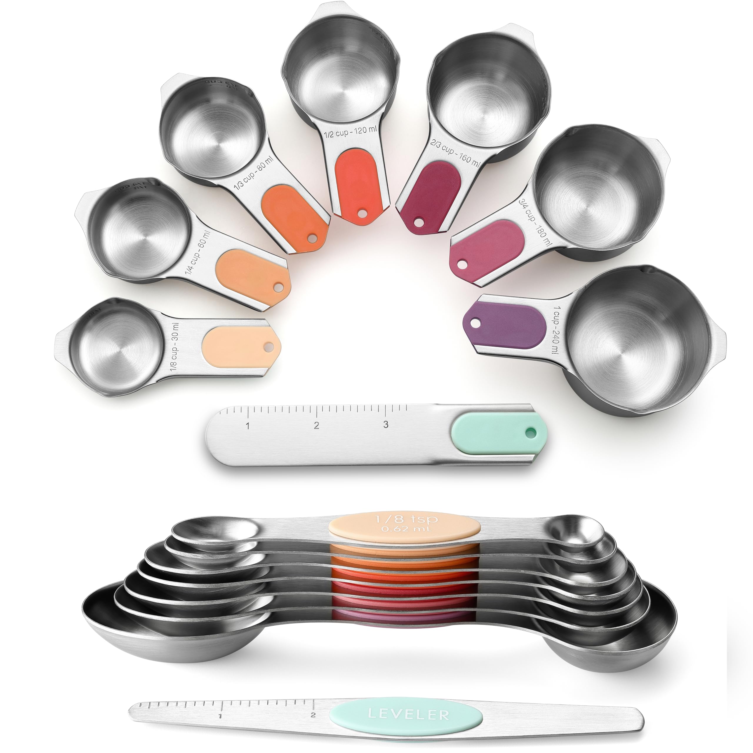 Spring Chef 16 magnetische Messbecher und Löffel, patentiert, Desert Sunset | Edelstahl-Messbecher und robuste Metall-Messlöffel mit Nivellierern für trockene und flüssige Zutaten