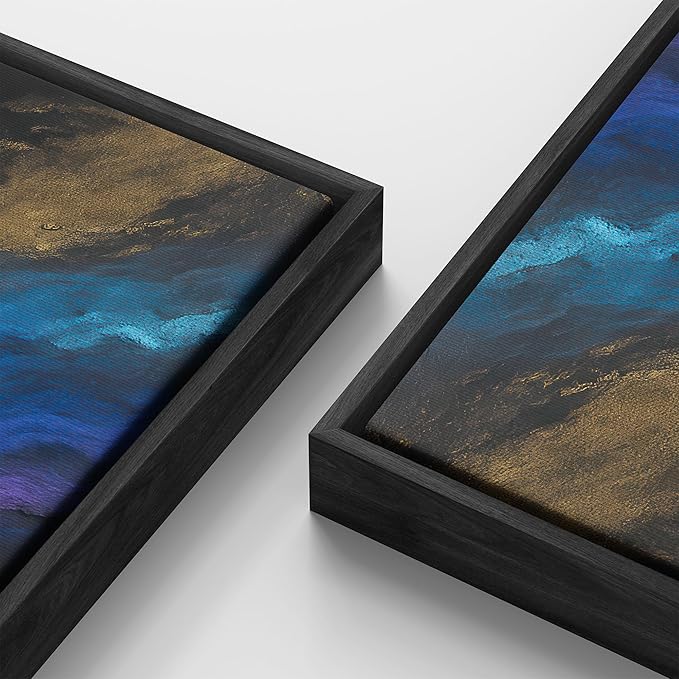 wall26 Extra Large Framed Wall Art Canvas Print - Golden and Blue Wave Abstract Wall Decor - Contemporary Artwork for Living Room Bedroom Office - 60"x30"