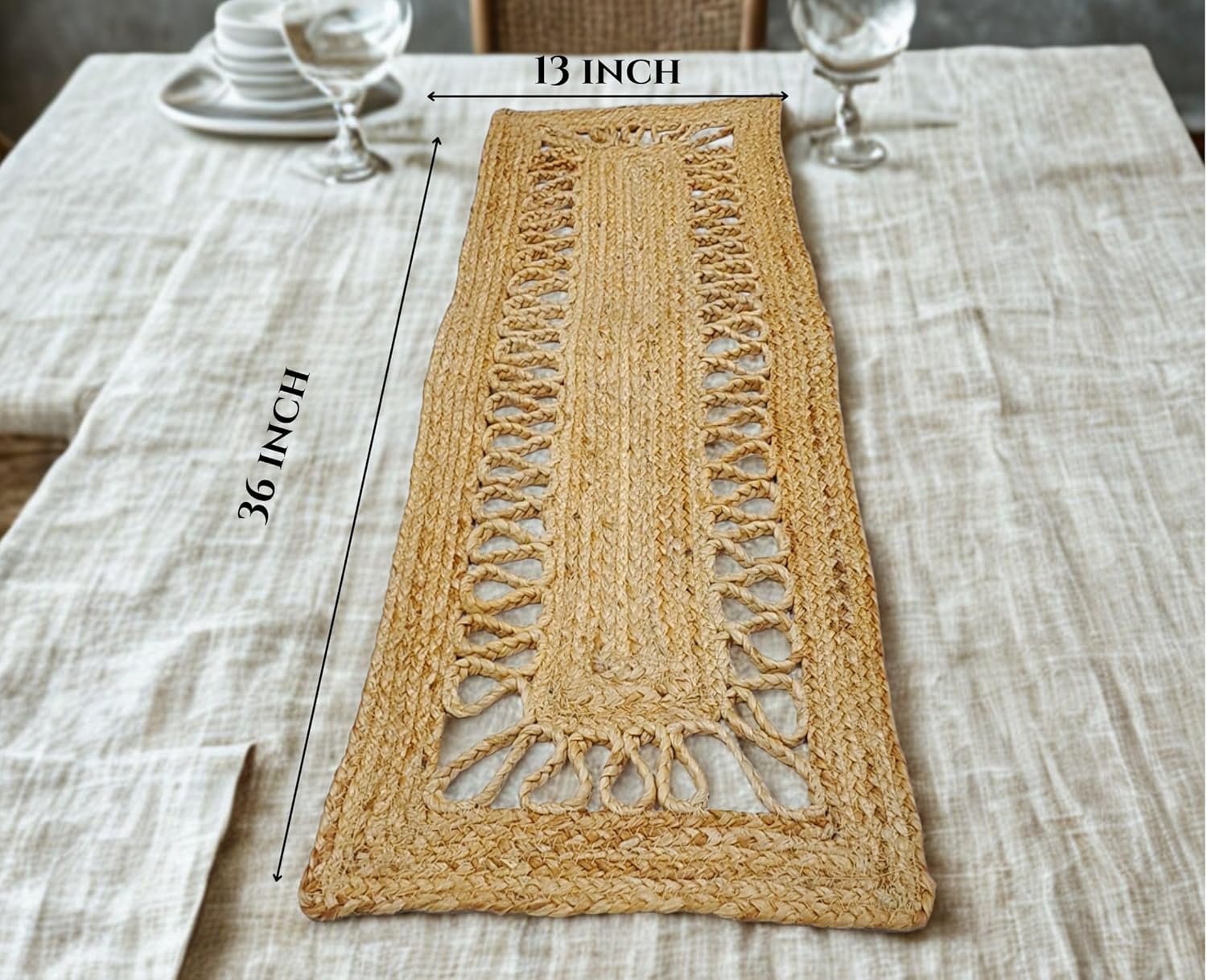 Designer Jute Table Runner 13x36 Inch for Dining Table - Elegant Farmhouse & Rustic Centerpiece - Christmas, Thanksgiving, Holiday Decor, Kitchen & Home Decoration