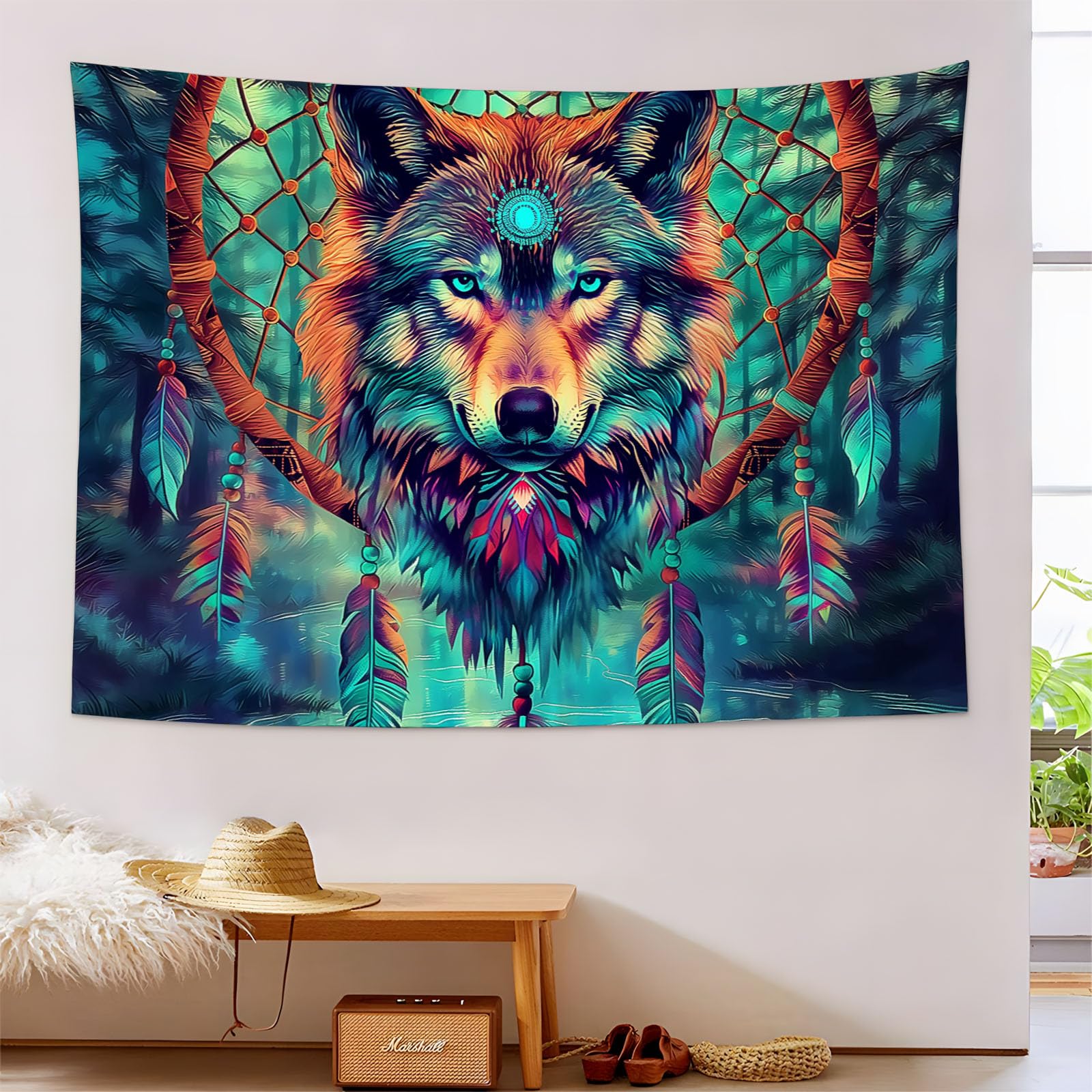 Tapiz de lobo turquesa místico para transformar tu dormitorio en un refugio de paz 8