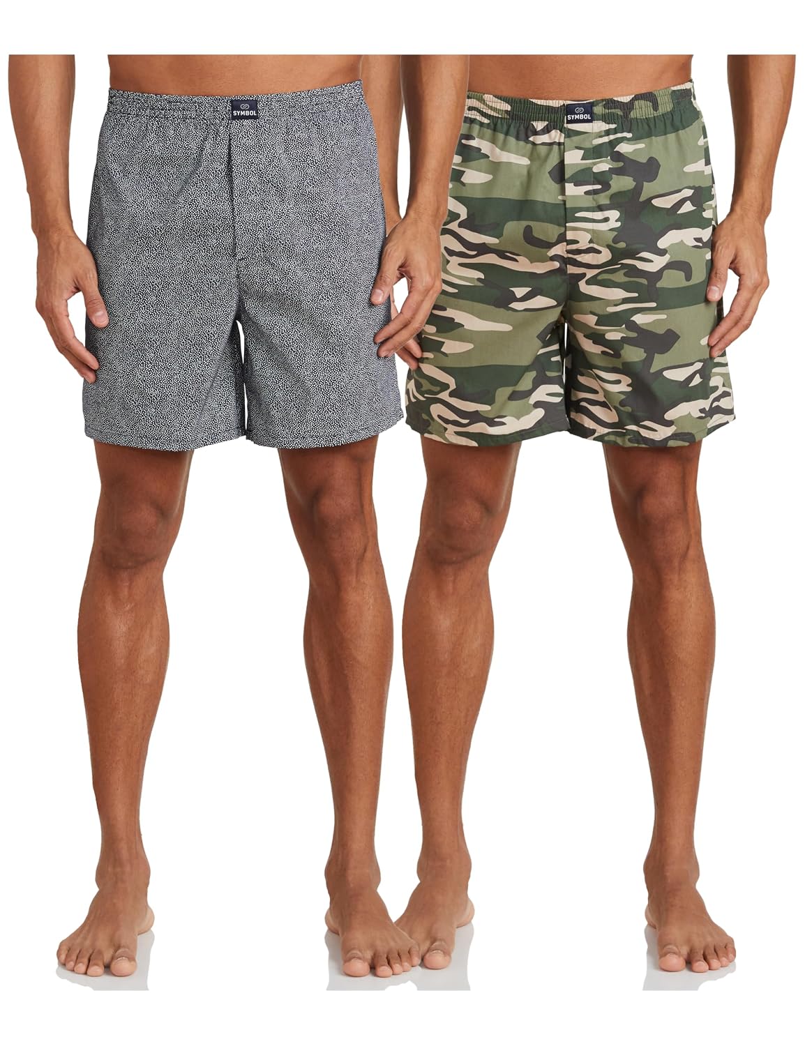 Amazon Brand - Symbol Men's Cotton Printed Boxer Shorts (Combo Pack of 2) Casual | Underwear | Half Pants | Short Pant - Regular Fit with Back Pocket