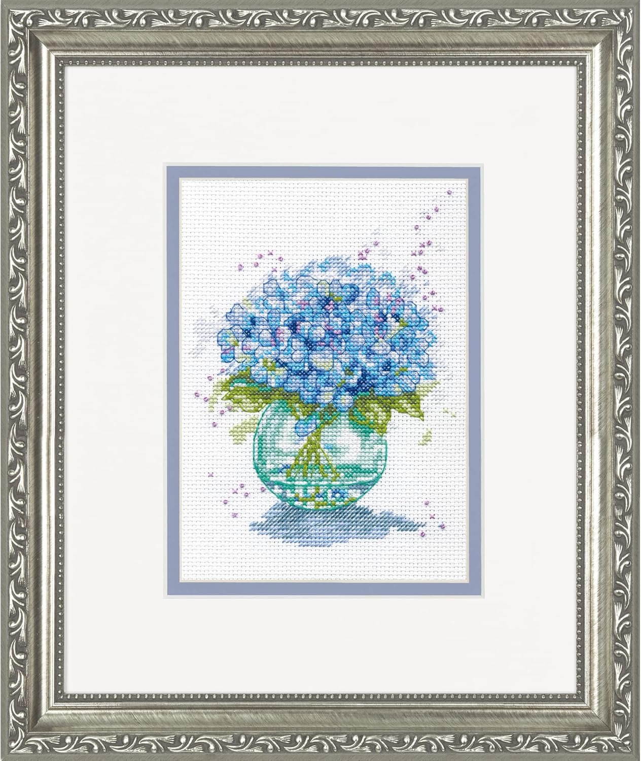 DIMENSIONS Blue Hydrangeas Counted Cross Stitch Kit, 14 Ct. White Aida Cloth, Finished Project 5" x 7", Multicolor 4 Piece
