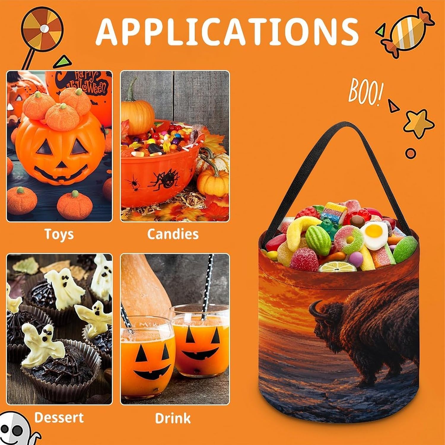 Cow Sunset Halloween Trick Or Treat Bucket Candy Tote Hand‑held Pouch for Cosplay Theme Party Gift Storage image 3