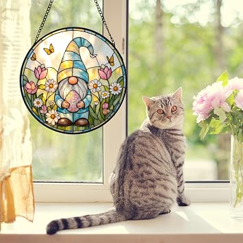 Gnome Stained Glass Window Hanging Suncatcher, Spring Gnome Sun Catcher with Easter Egg & Tulips, Stained Glass Home Decor Easter Gift for Women Mother Gardeners E0303 (6.3'')