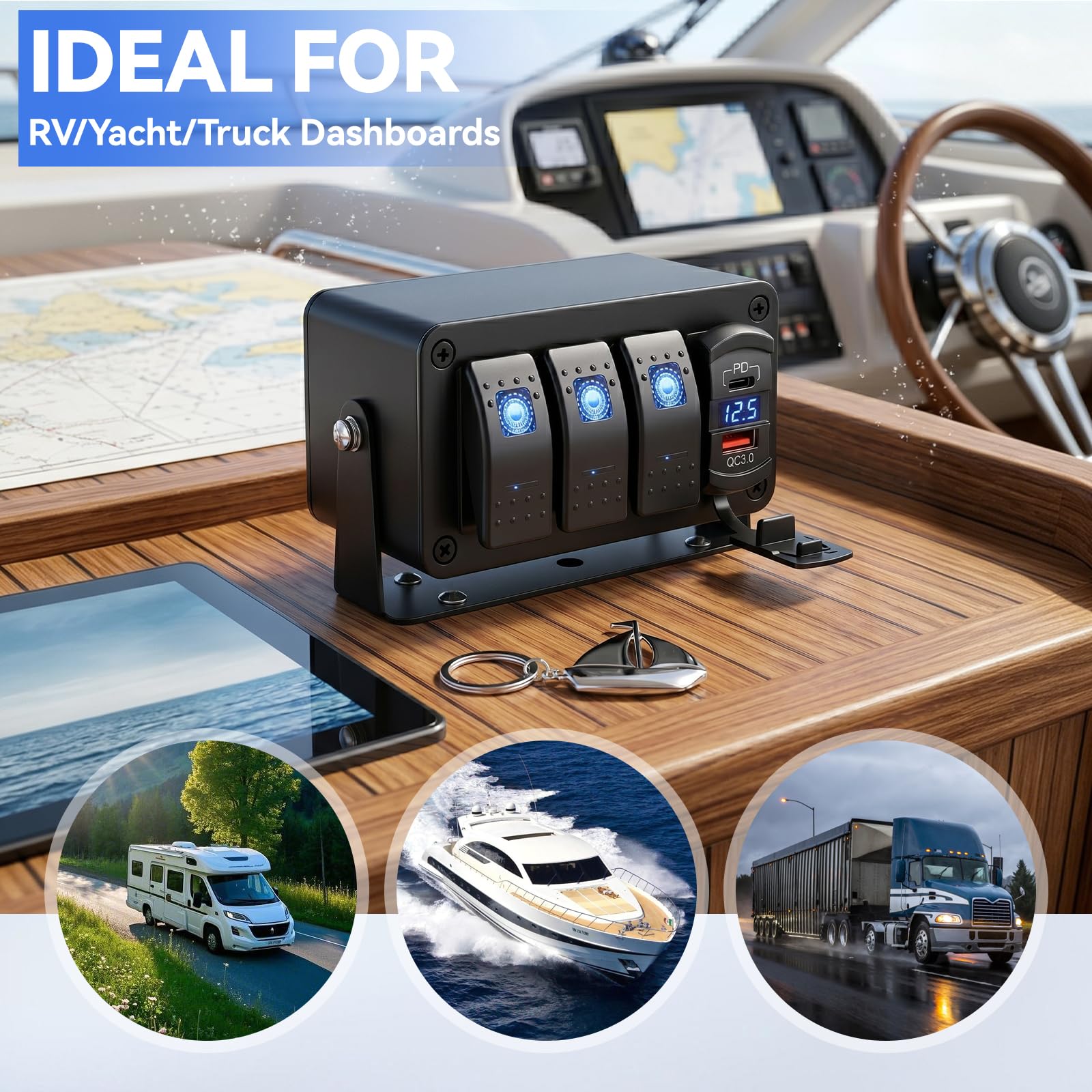 Panel de interruptor basculante de 3 marchas, 12 V/24 V, resistente al agua, con voltímetro digital PD tipo C y QC3.0, puerto de carga, para RV, marino, barco, coche, camión