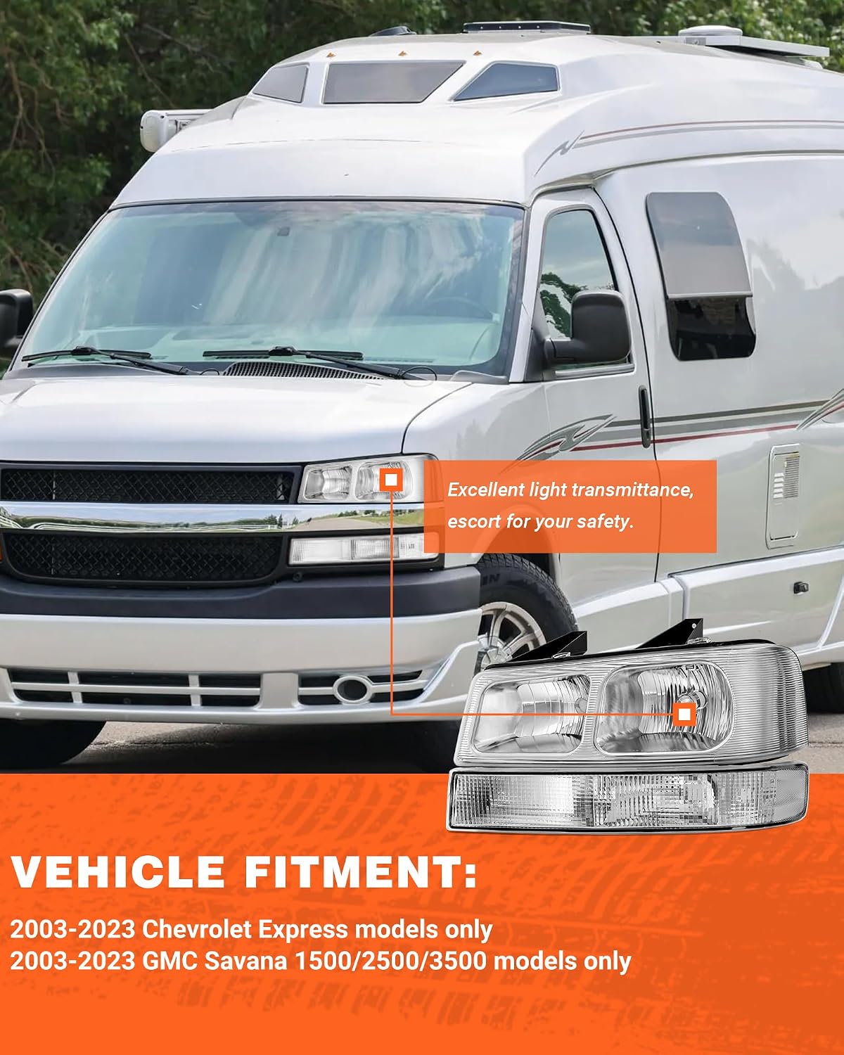 fit 2003-2014 Gmc Savana 1500/ Chevy Express 1500 Headlight for 03-23 Express 2500 3500/Gmc Savana 2500/3500 w/Bumper Parking Signal LightsTransparent Shell Transparent Driver+Passenger Side