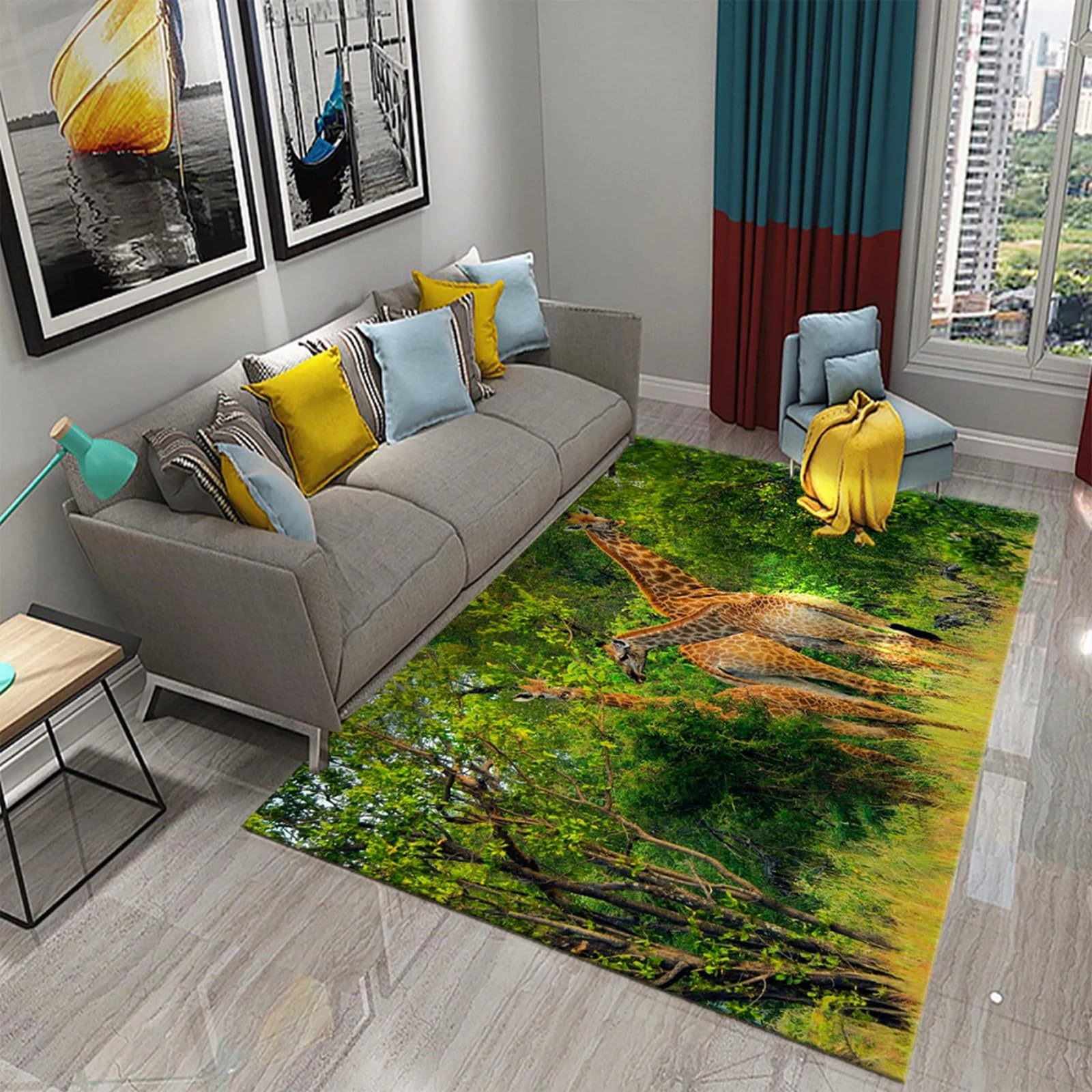 Tapis de salon girafe 3D 120x160 cm lavable et antidérapant pour chambre