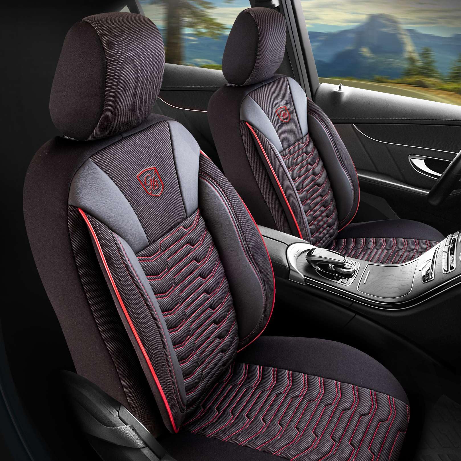 Autositzbezüge Universal für PKW & SUV – Premium Vordersitze Auto Sitzbezug aus Piqué-Stoff, Schwarz-Rot, Airbag-Kompatibel Sitzauflage, Autoschonbezug, Komplett Set inkl. Montageset