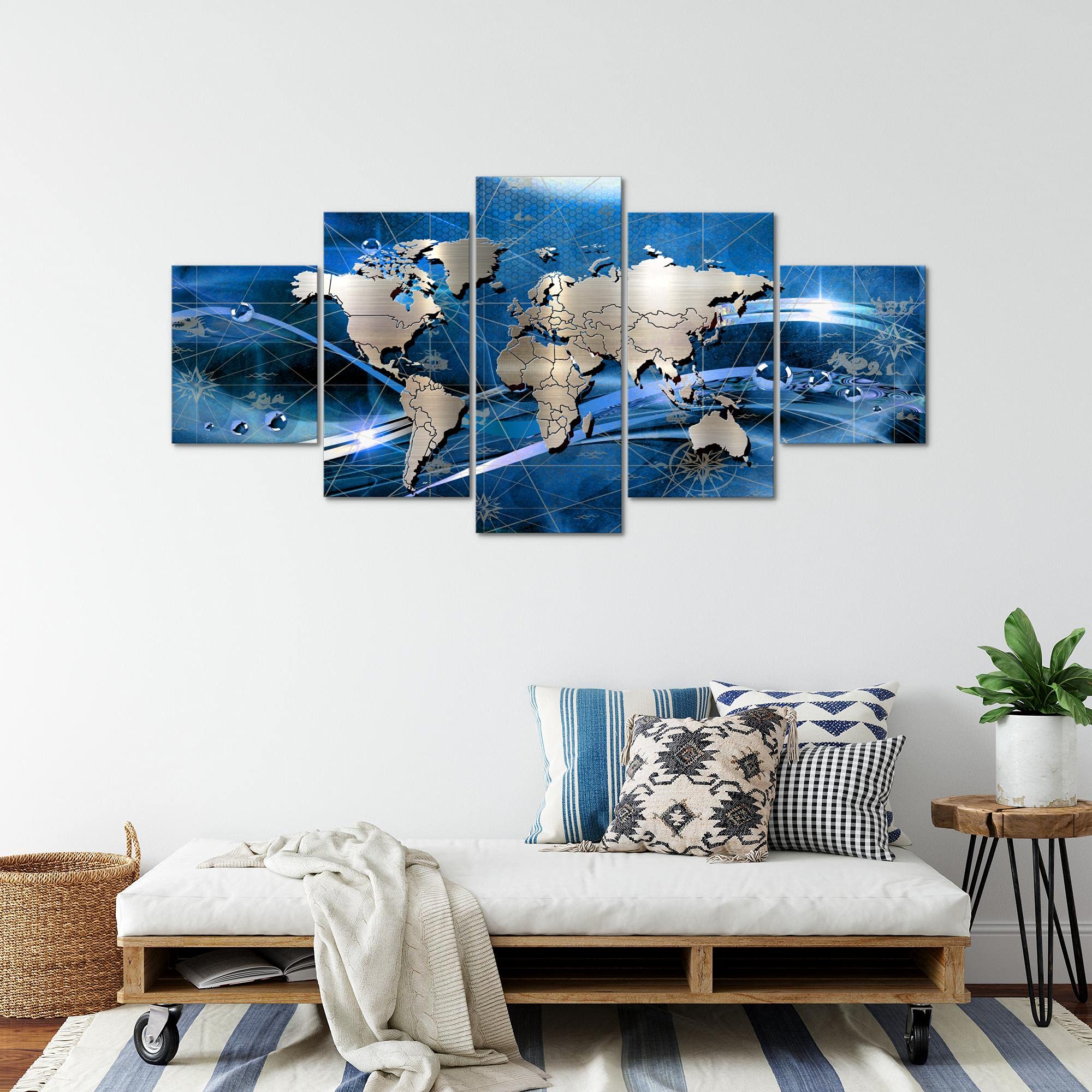 Runa Art - Cuadros Decorativos Mapa Del Mundo 200 x 100 cm 5 Piezas XXL Decoracion de Pared Diseño Azul 106851a