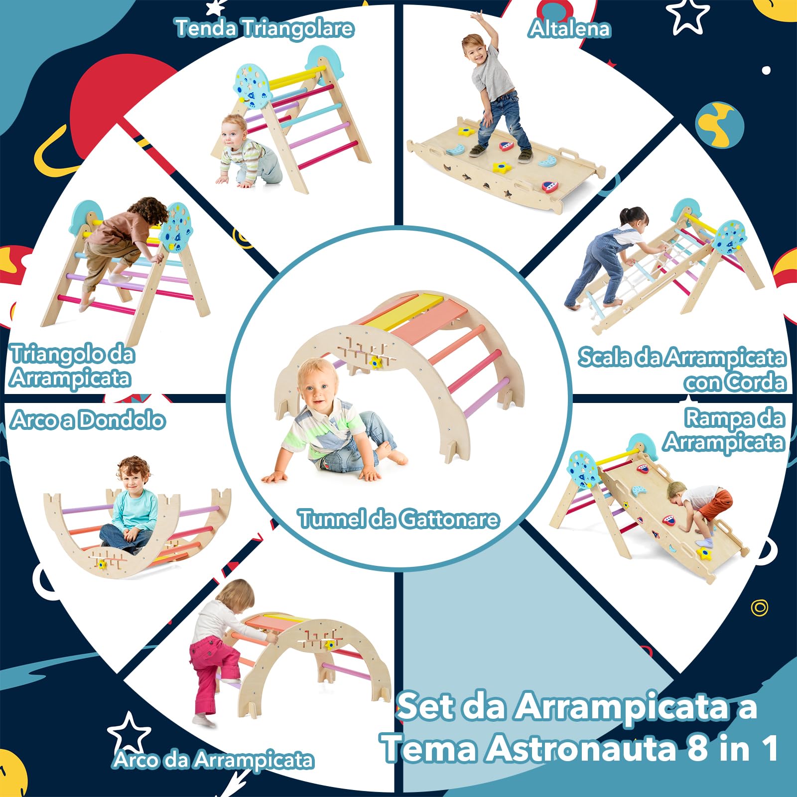 RELAX4LIFE Set da Arrampicata per Bambini, Triangolo di Arrampicata con Scivolo e Arco, Gioco di Incastri in Legno, Gioco Montessori per Bambini 1+ Anni