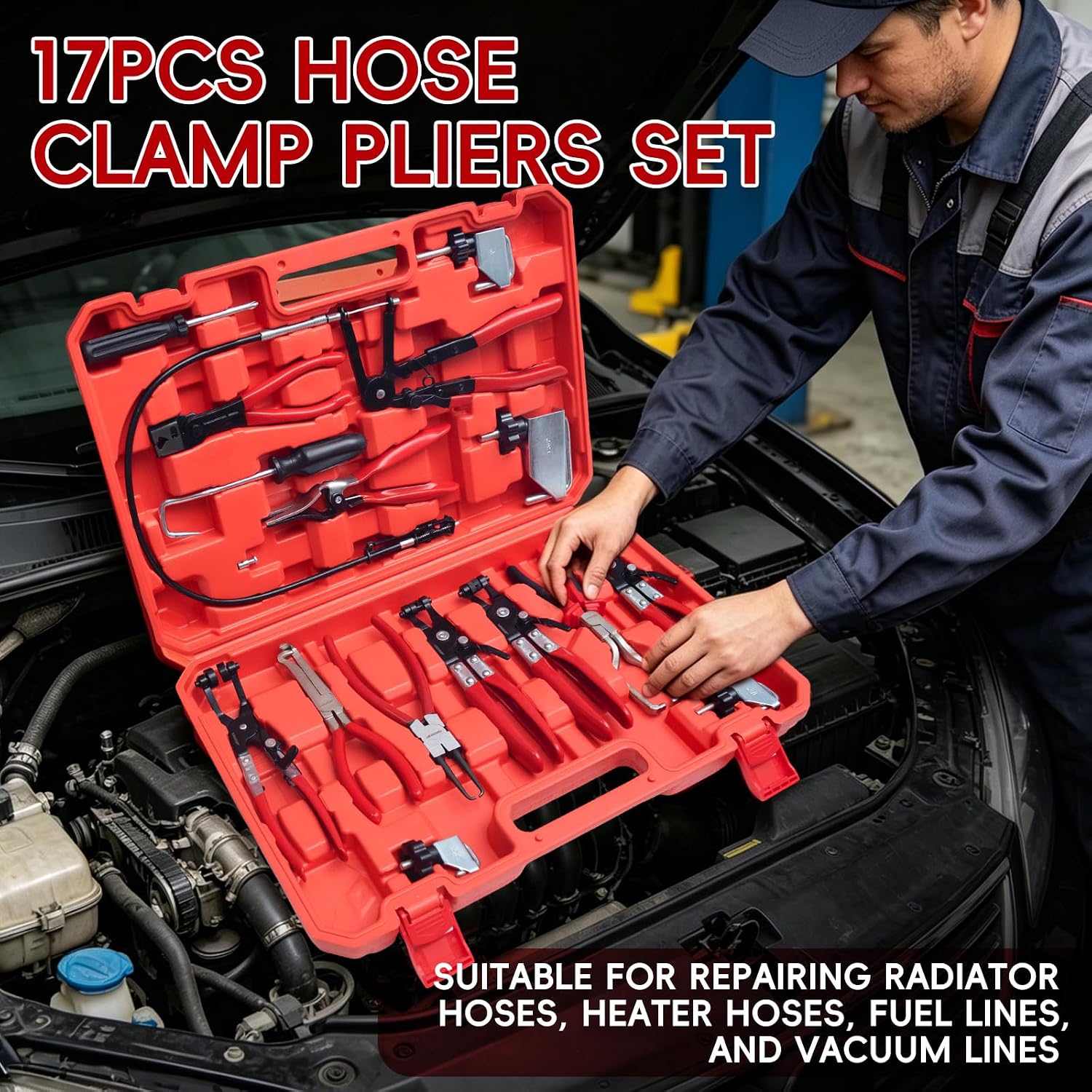 WISEUP 17pcs Hose Clamp Pliers Set, Hose Clamp Removal Tool with Electrical Disconnect Pliers & Long Reach Wire Spring Plier Set for Automotive Fuel, Oil, Coolant, Radiator Hoses