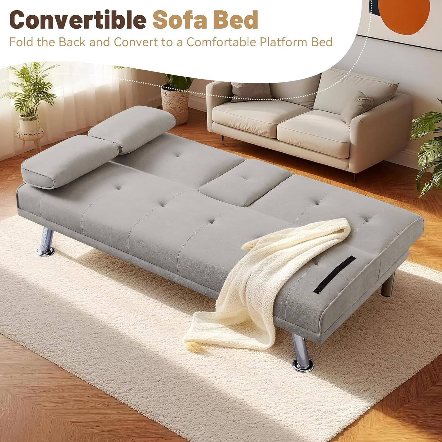 Folding Sofa Bed,Velvet Futon Sofa Couch for Living Room,Convertible Recliner Sleeper Sofa Bed,Adjustable Loveseat w/Removable Armrests,2 Cupholders,Beige