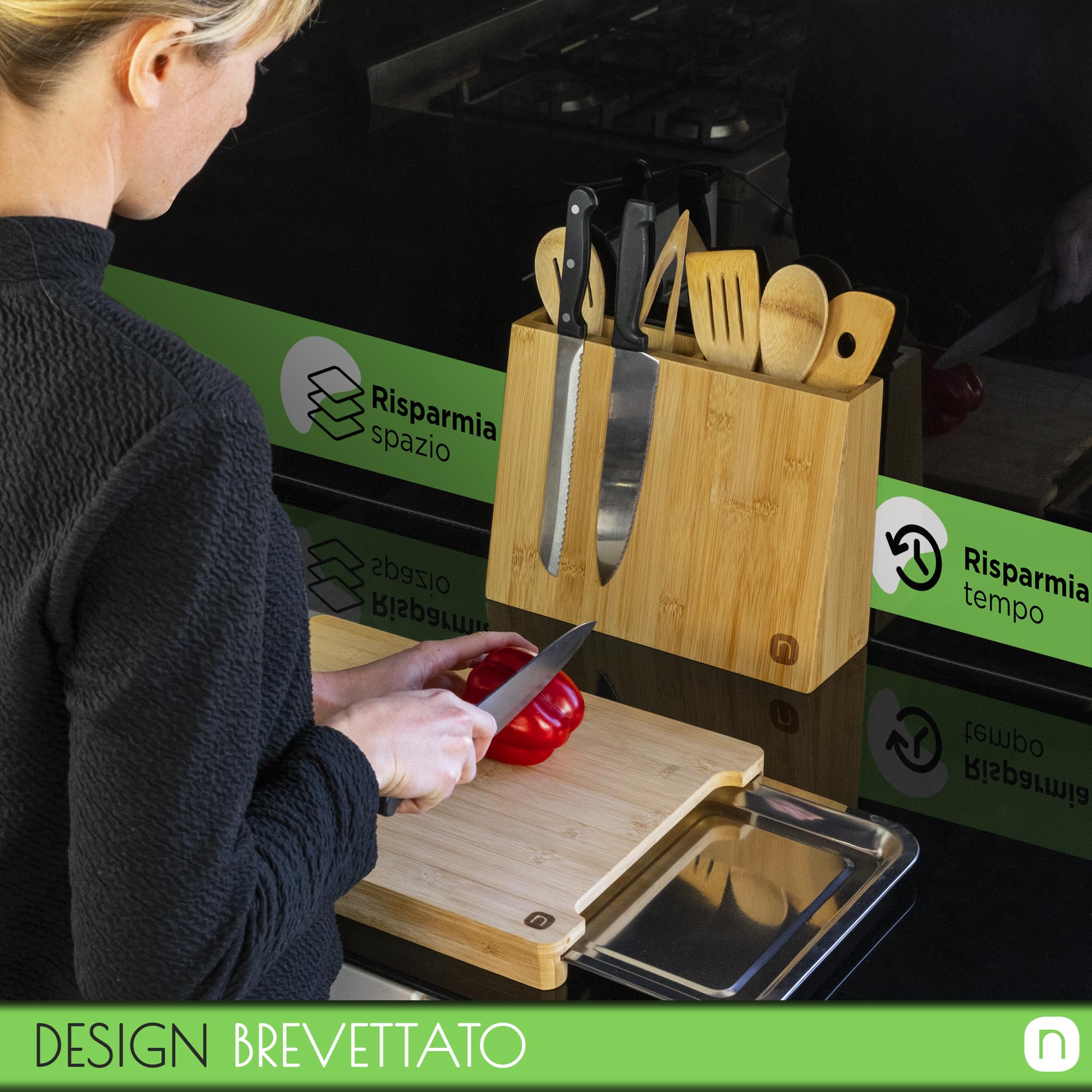 Naturlik Portacoltelli Magnetico 2 in 1 Con 5 Mestoli - Portautensili da Cucina in Bambù - Organizzatore Cucina