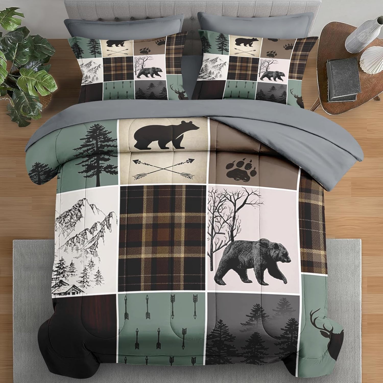 Comforter Set Twin Size, Wildlife Hunting Deer 5 Pcs Bedding for Kids and Adults, Vintage Winter Animal Bear Plaid Bed Sheet Sets with Fitted Sheet Pillowcase & Sham for Bedroom Bed Decor