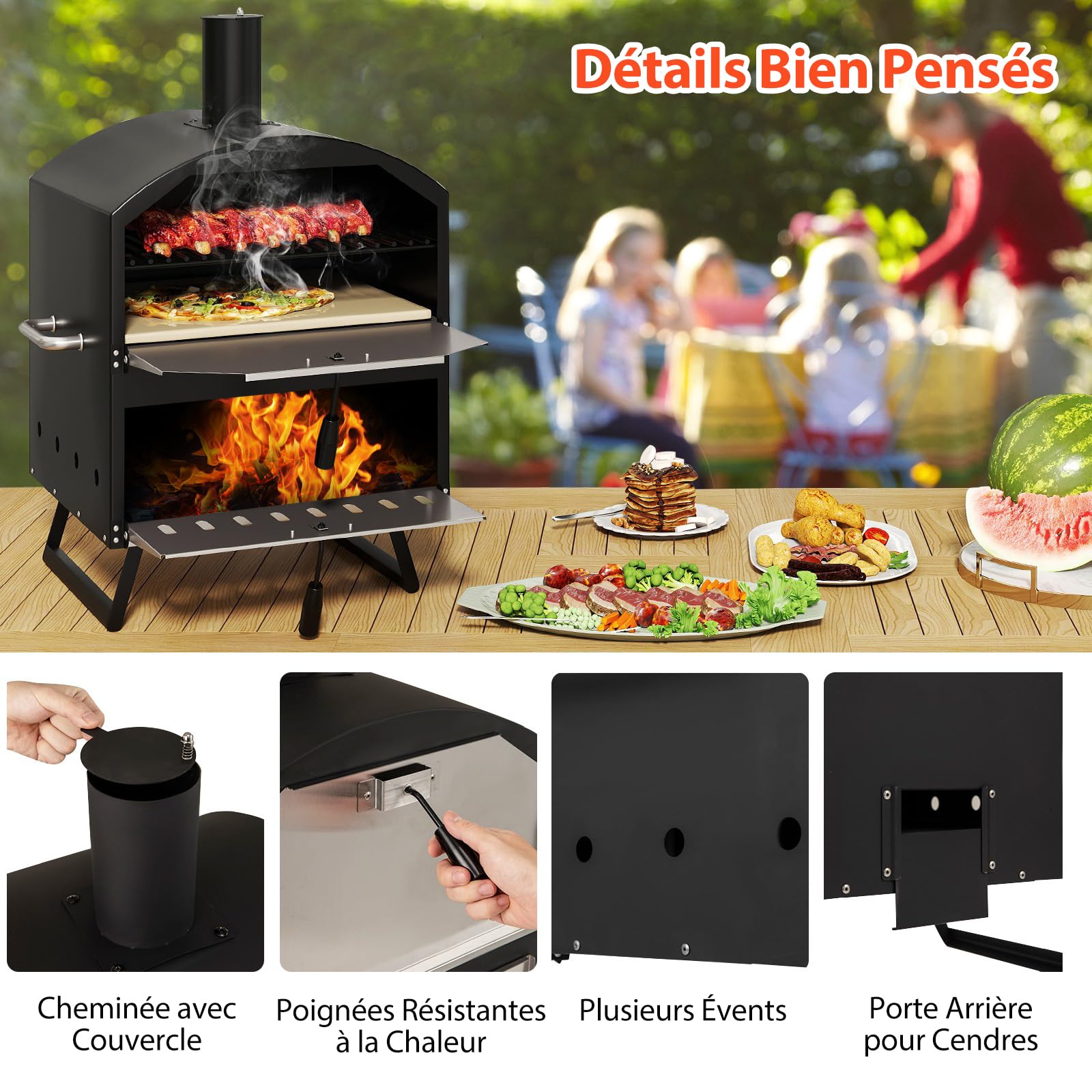 GYMAX Four à Pizza d'Extérieur à Bois avec Pierre de Cuisson 40,5cm, Température Max. 510°C, Barbecue