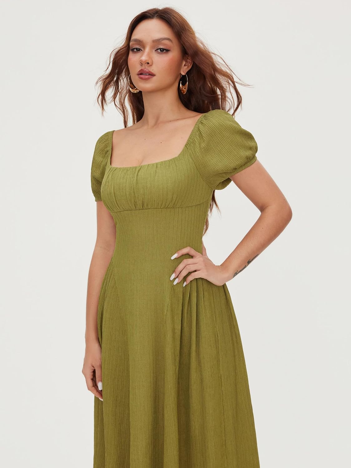 CIDER Square Neck Midi Dresses Puff Short Sleeves Tie Back Regency Vintage Maxi Dresses Smocked Waist Party Gown - Image 4