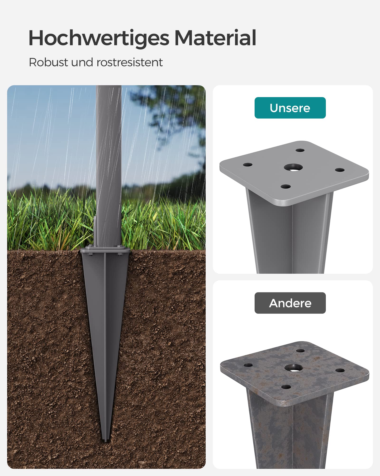 SONGMICS Erdanker, Bodenanker für Standpfosten von Seitenmarkisen, Erdnagel, nur für SONGMICS Alu-Seitenmarkisen geeignet, grau GSA001