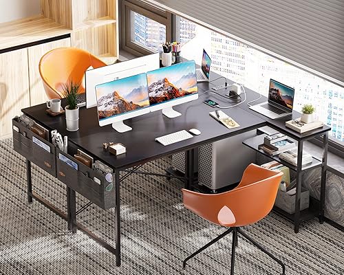 Miniatura 4 de ODK Escritorio pequeño en forma de L de 55 pulgadas para computadora con tomas de corriente, estantes de almacenamiento reversibles y soporte de PC