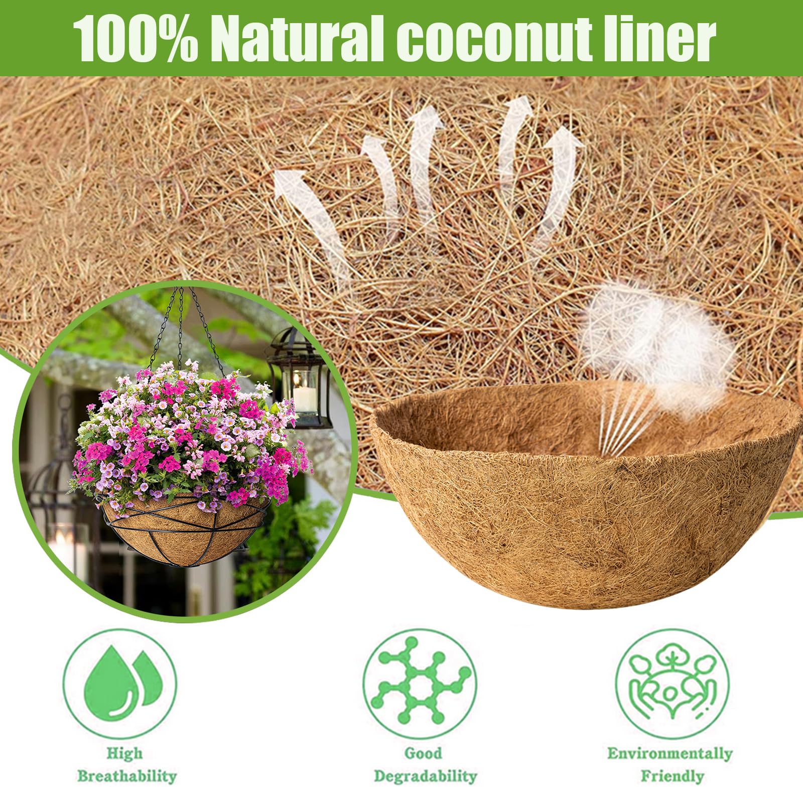 Doublures en fibre de noix de coco naturelle pour jardinières, doublures rondes de rechange pour panier de fleurs suspendu, grands pots de noix de coco pour plantation de jardin en plein air