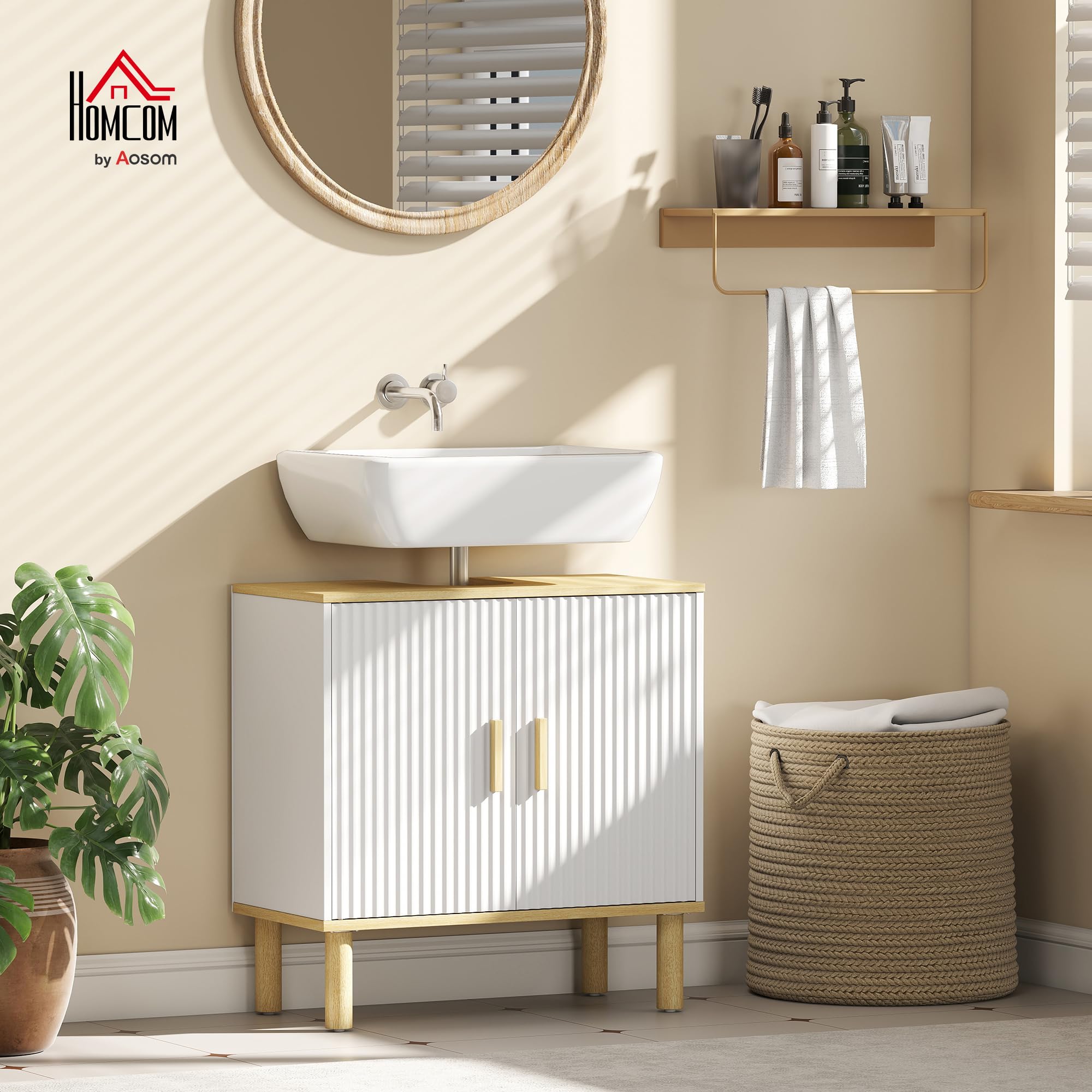 HOMCOM Meuble sous lavabo, Meuble de Salle de Bain avec 2 Portes et étagère réglable, Armoire de Salle de Bains sous lavabo, Style Moderne, 60 x 30 x 61 cm, Blanc