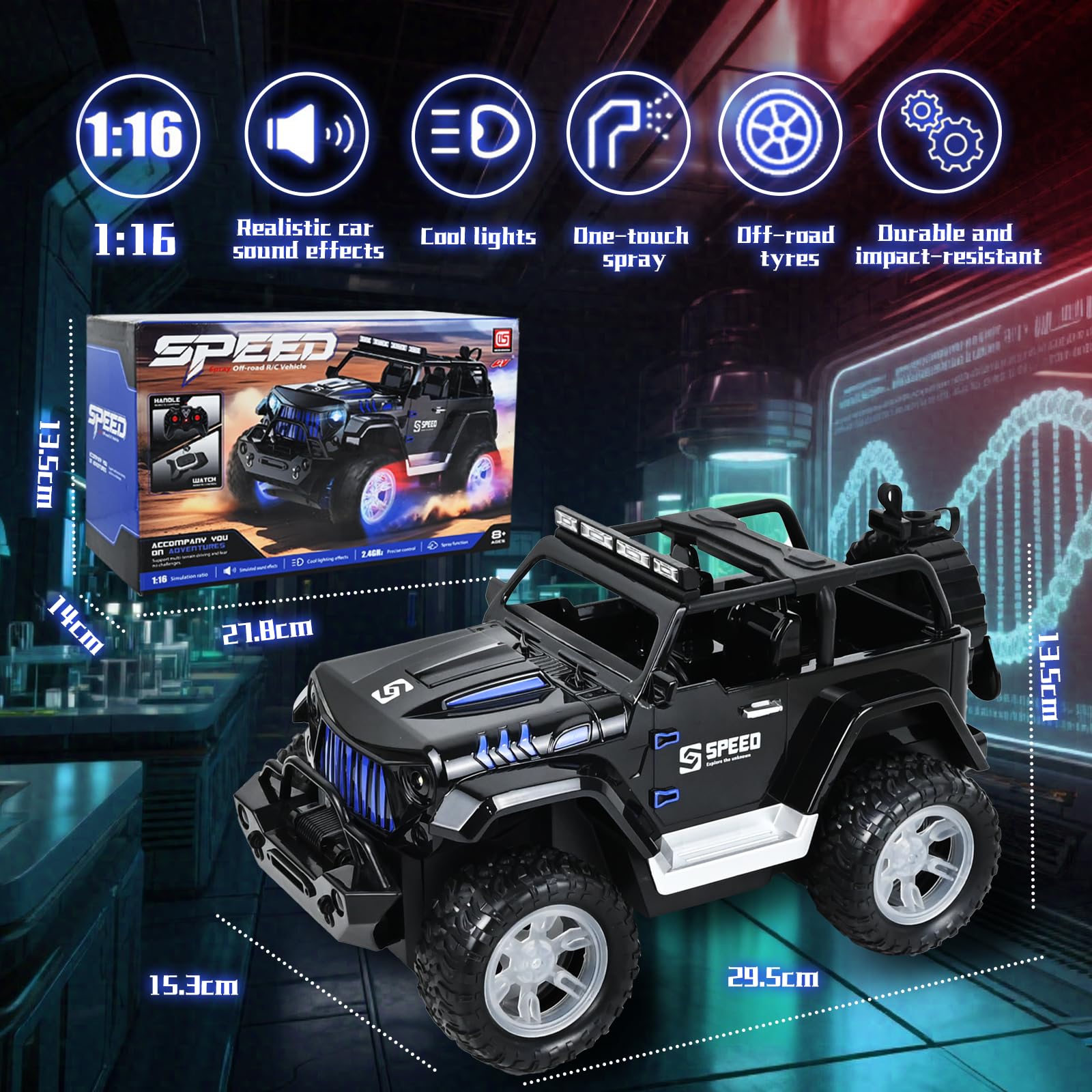 PATEMZON Macchina Telecomandata per Bambini, 2,4GHz Auto RC, Fuoristrada Telecomandato, SUV Telecomandato con Luce, Nebbia Spray, Suono, 2 Batterie 60Min, Regalo per Ragazzi Ragazze 6-16 Anni