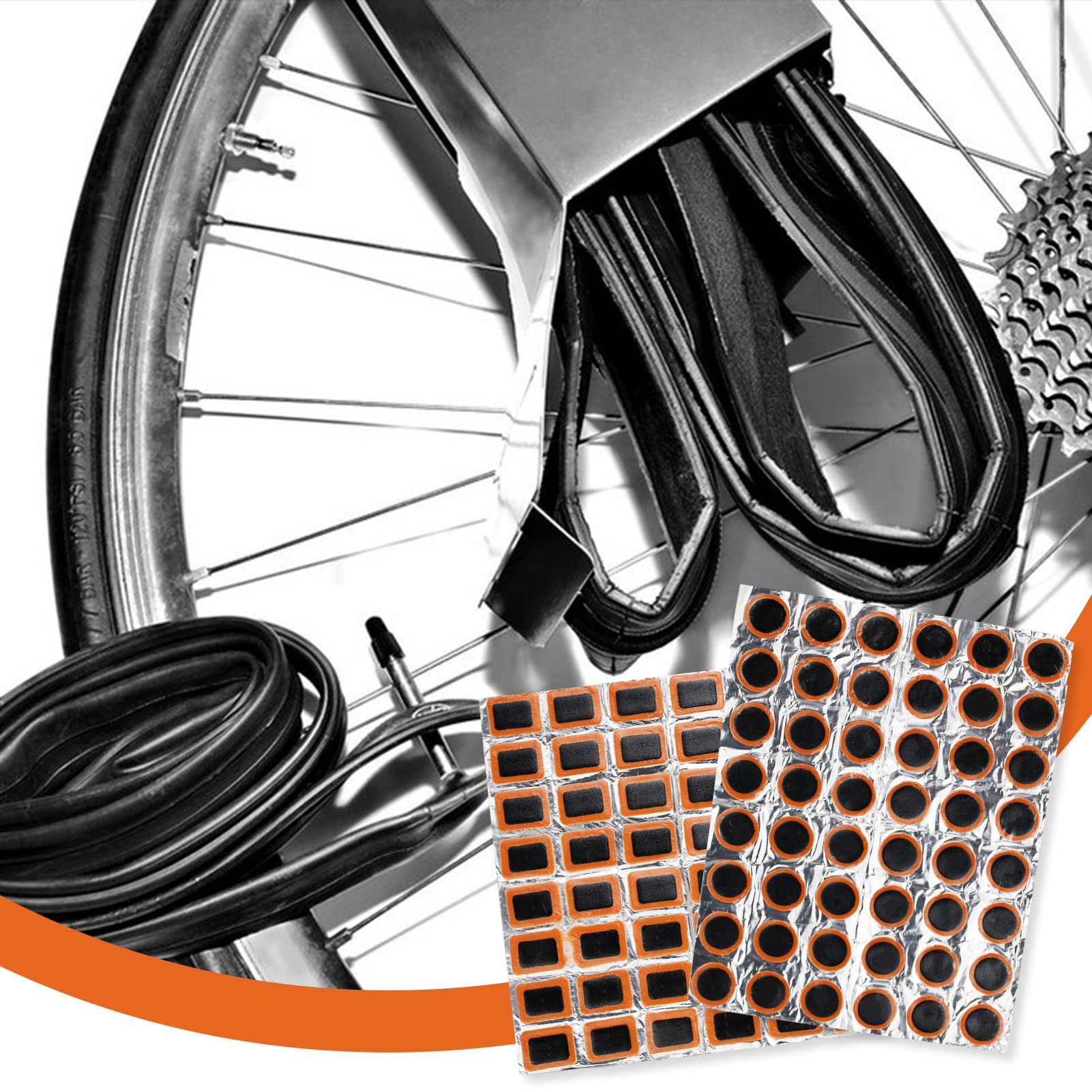SZCXDKJ 96 Pezzi Toppe Quadrate+Toppe Tonde, Kit di Riparazione per Forature di Pneumatici di Bicicletta, Toppe di Gomma per Riparazione di Camere d'aria e Pneumatici di Bicicletta