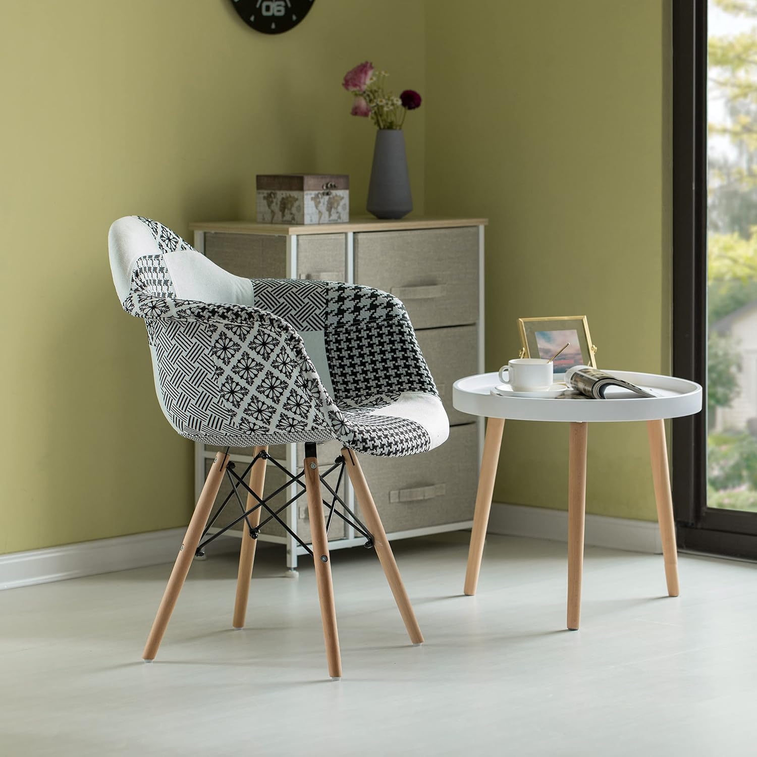 Mid-Century Modern Fabric Arm Chairs Set of 2, Barrel Accent Chairs for Living Room, Beech Wooden Legs, Black and White