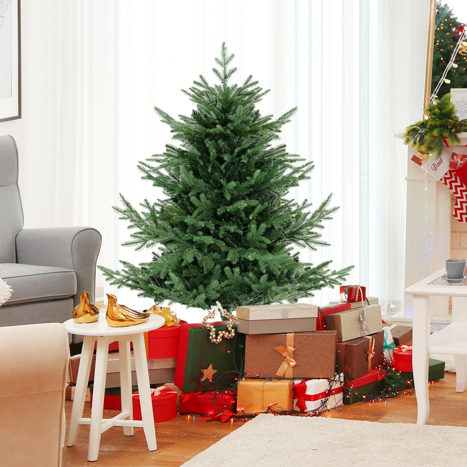 COSTWAY Árbol de Navidad Verde 135/180 cm, Arbol de Navidad con Luces Incorporadas, 160/240 Luces LED Blanco Cálido, 8 Modos, 442/778 Ramas de PE y PVC, Arvore de Natal Hogar Oficina Fiesta (135 cm)