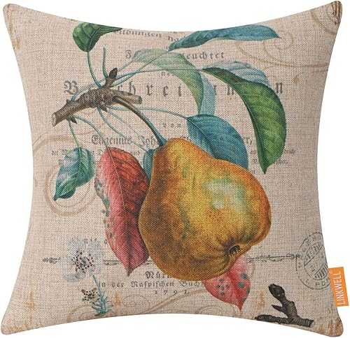 LINKWELL Funda de almohada de pera de 18 x 18 pulgadas, decoración de granja, funda de cojín decorativa para sofá, decoración de frutas vintage,