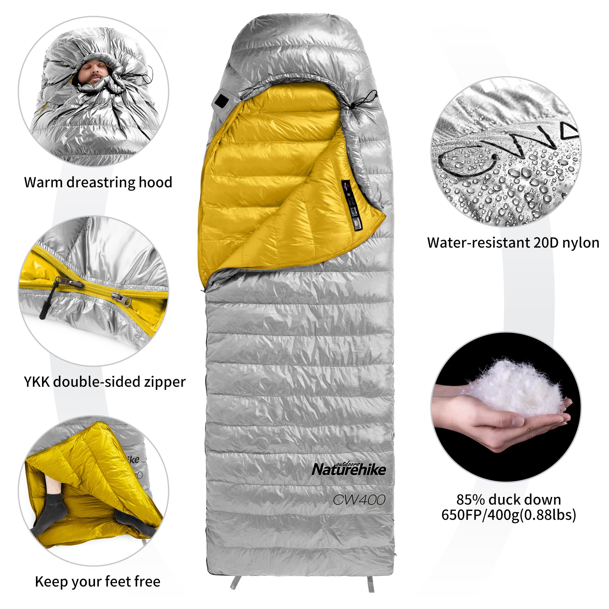 Naturehike Sacco a Pelo In Piuma d'Oca 750FP/400FP Sacco a Pelo In Piuma d'Oca Invernale Caldo 4 Stagioni Sacco a Compressione Speciale Da Campeggio Ultraleggero Portatile