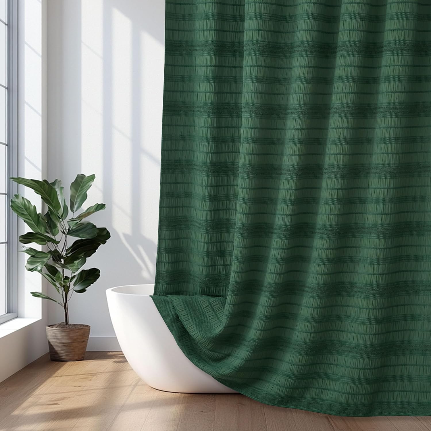 Siiluminisoy Extra Long Dark Green Boho Shower Curtain 72 x84 Cotton Blend Tufted Fabric Waffle Textured Farmhouse Shabby Chic Rustic Minimalist Striped for Bathroom, Hotel