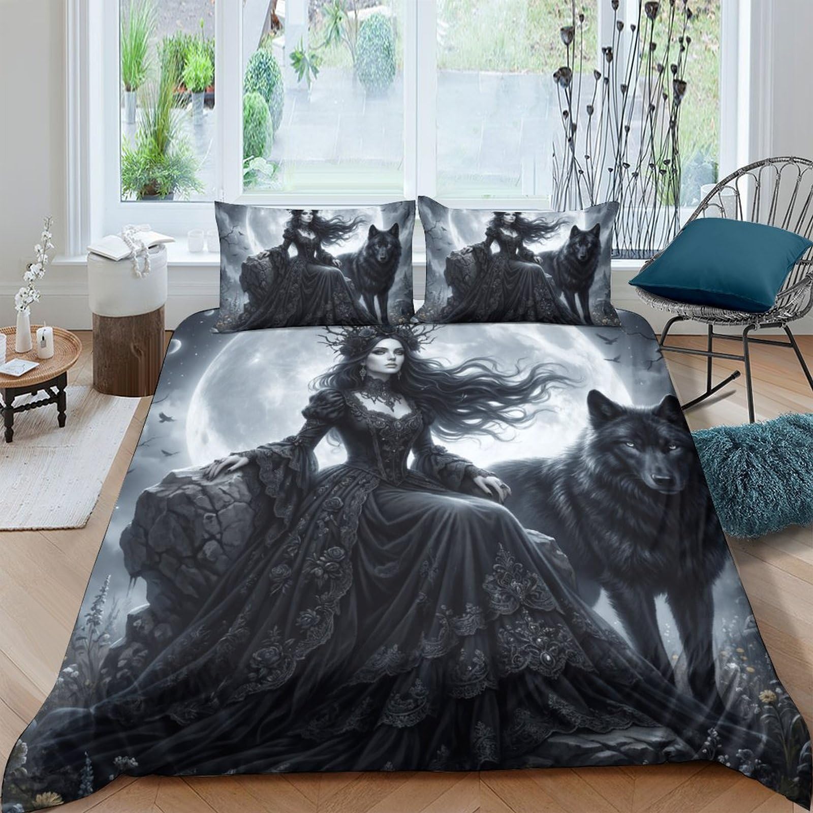 H3b8u2y5 Style-18 Dark Wolf Queen Moon Duvet Cover Set 2 Piece Set, Gothic Fantasy Art