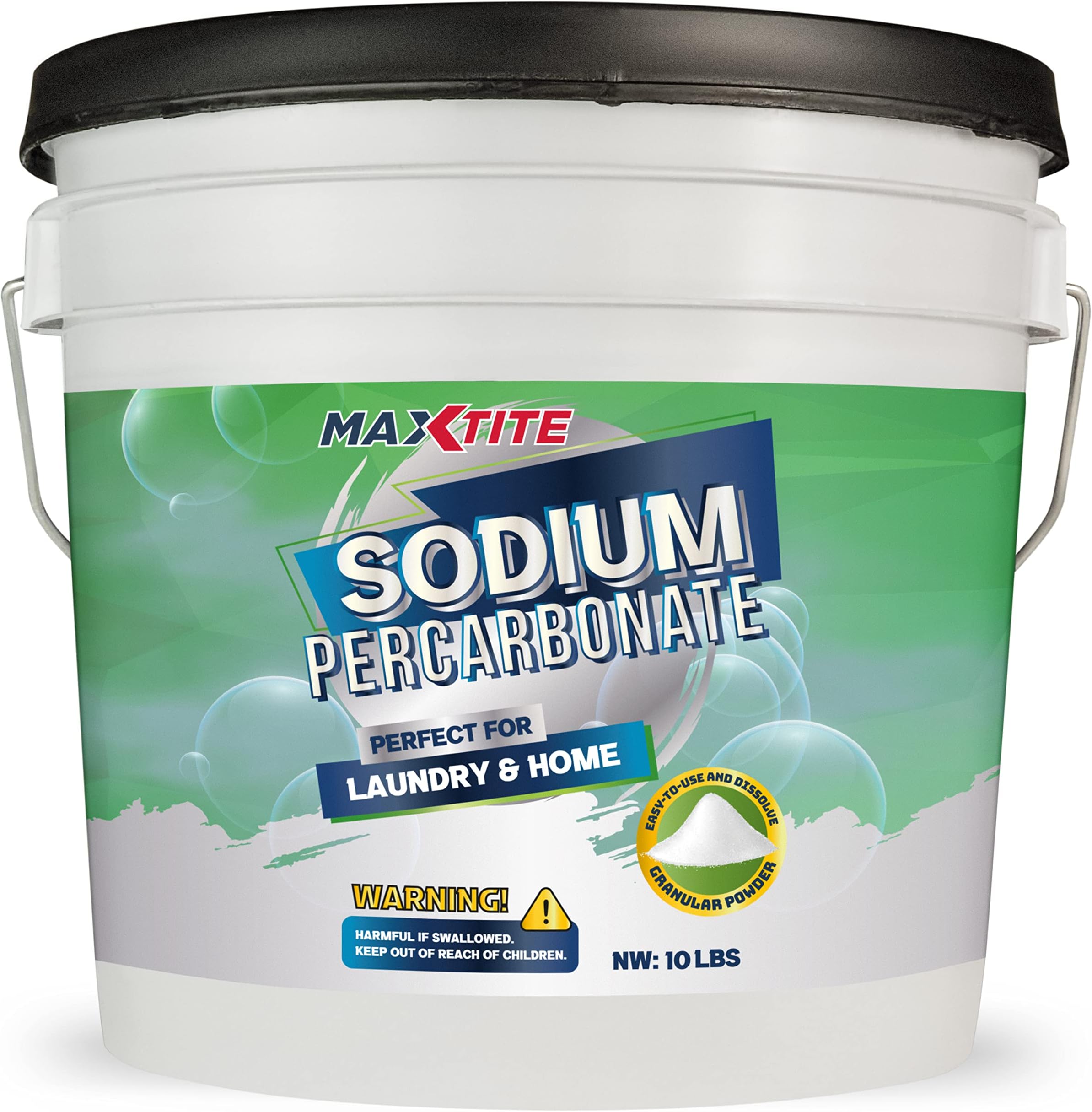 MAXTITE Sodium Percarbonate (10 lbs) - 100% Pure - Solid Hydrogen Peroxide/Oxygenated Bleach - Multi-Use Cleaner for Home & Laundry - HDPE container w/Resealable Child Resistant Cap
