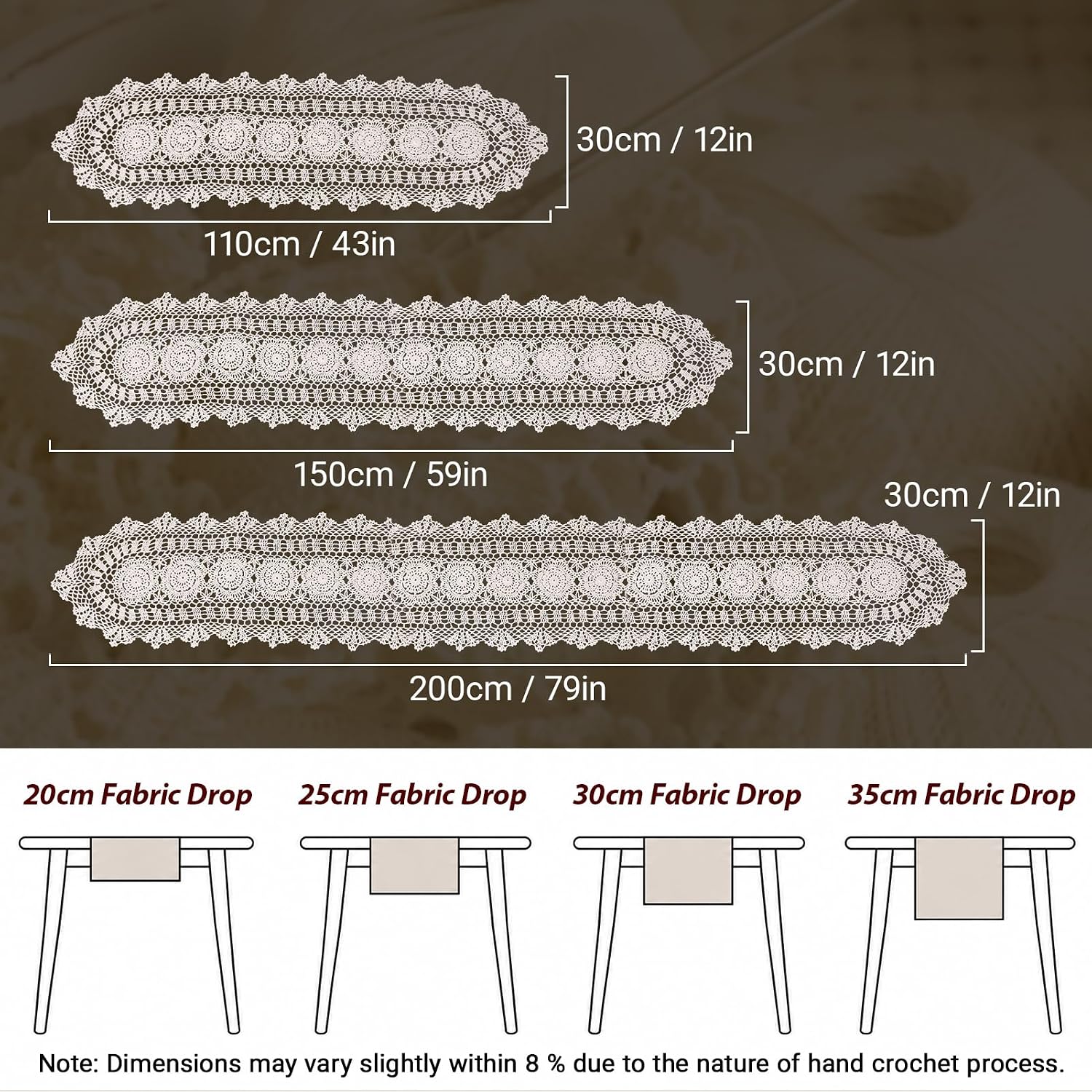 kilofly Handmade Crochet Lace Rectangular Table Runner 12 x 43 Inch, Beige