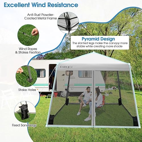 Miniatura 5 de Tangkula Toldo desplegable de 10 x 10 pies con red, toldo para exteriores con patas inclinadas con bolsa de rodillo, 4 bolsas de arena, 8 estacas, 4