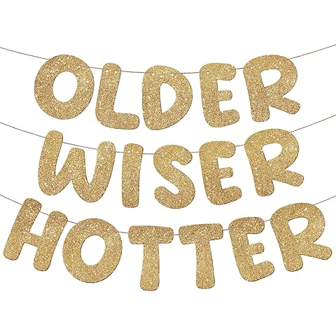 Fulmoon Set of 3 Pre Strung Older Wiser Hotter Glitter Banner Funny Birthday Banner for Women 30th 40th 50th 60th 70th 80th Birthday Party Decorations Sign Gift(Champaign Gold)